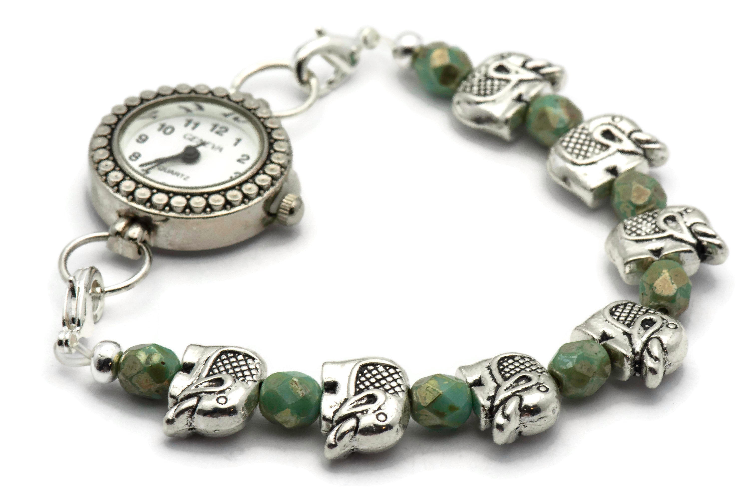 Elephant Turquoise Glass Stretch Interchangeable Beaded Bracelet Watch Band • Medical ID Bracelet • Women's Watch Band