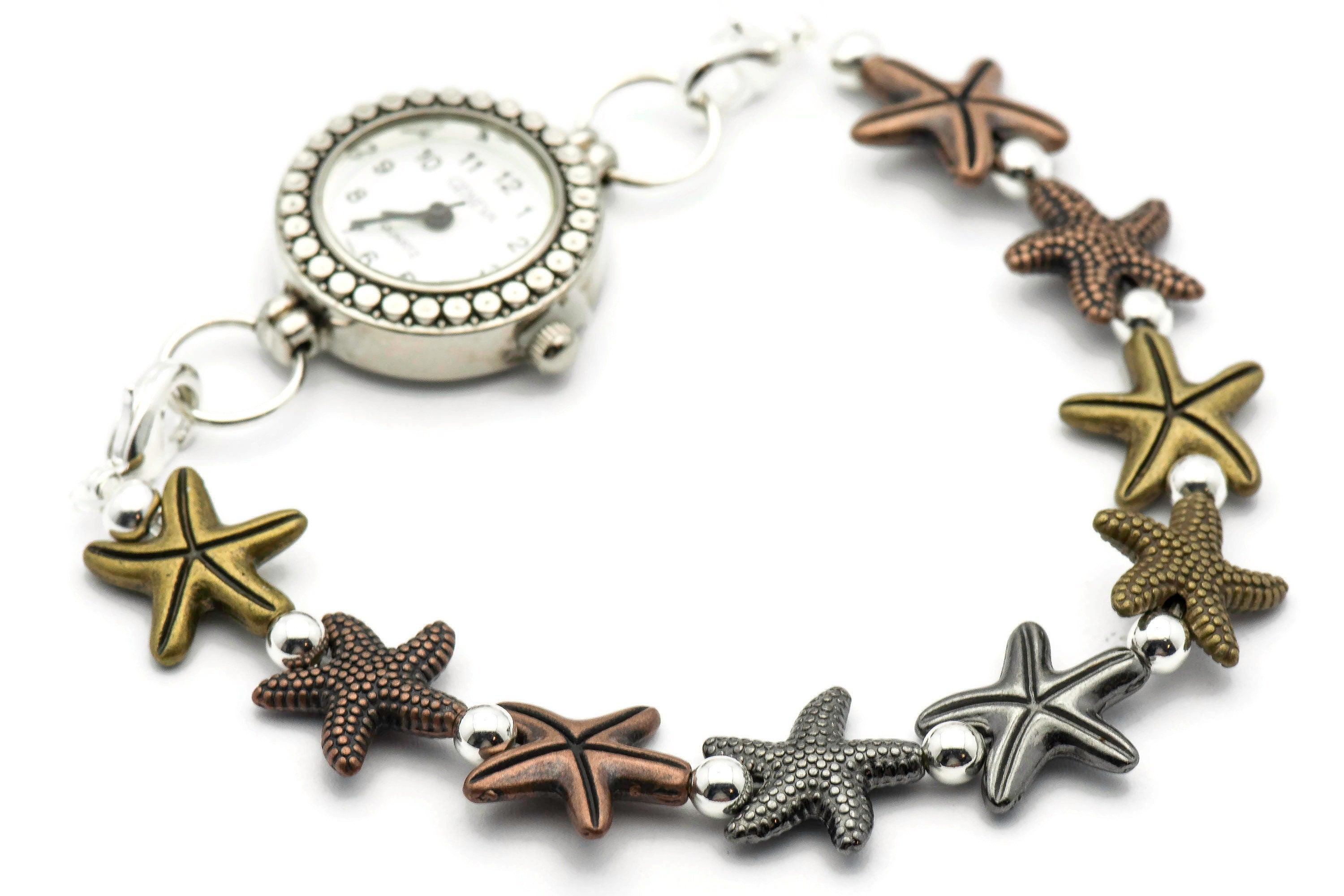 Multi Metal Starfish Stretch Interchangeable Beaded Bracelet Watch Band • Medical ID Bracelet • Women's Summer Watch Band
