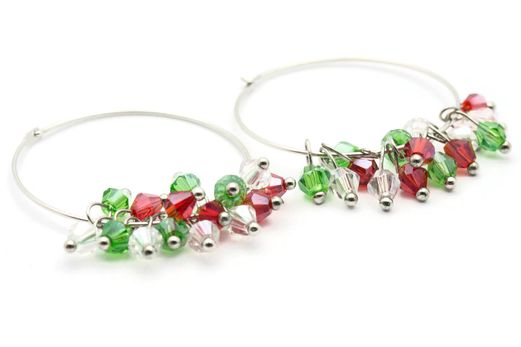 Christmas Hoop Earrings | Red & Green Crystal Hoop Earrings | Holiday Earrings | Silver Hoop Earrings | Open Hoop Earrings | 30mm - EA00482