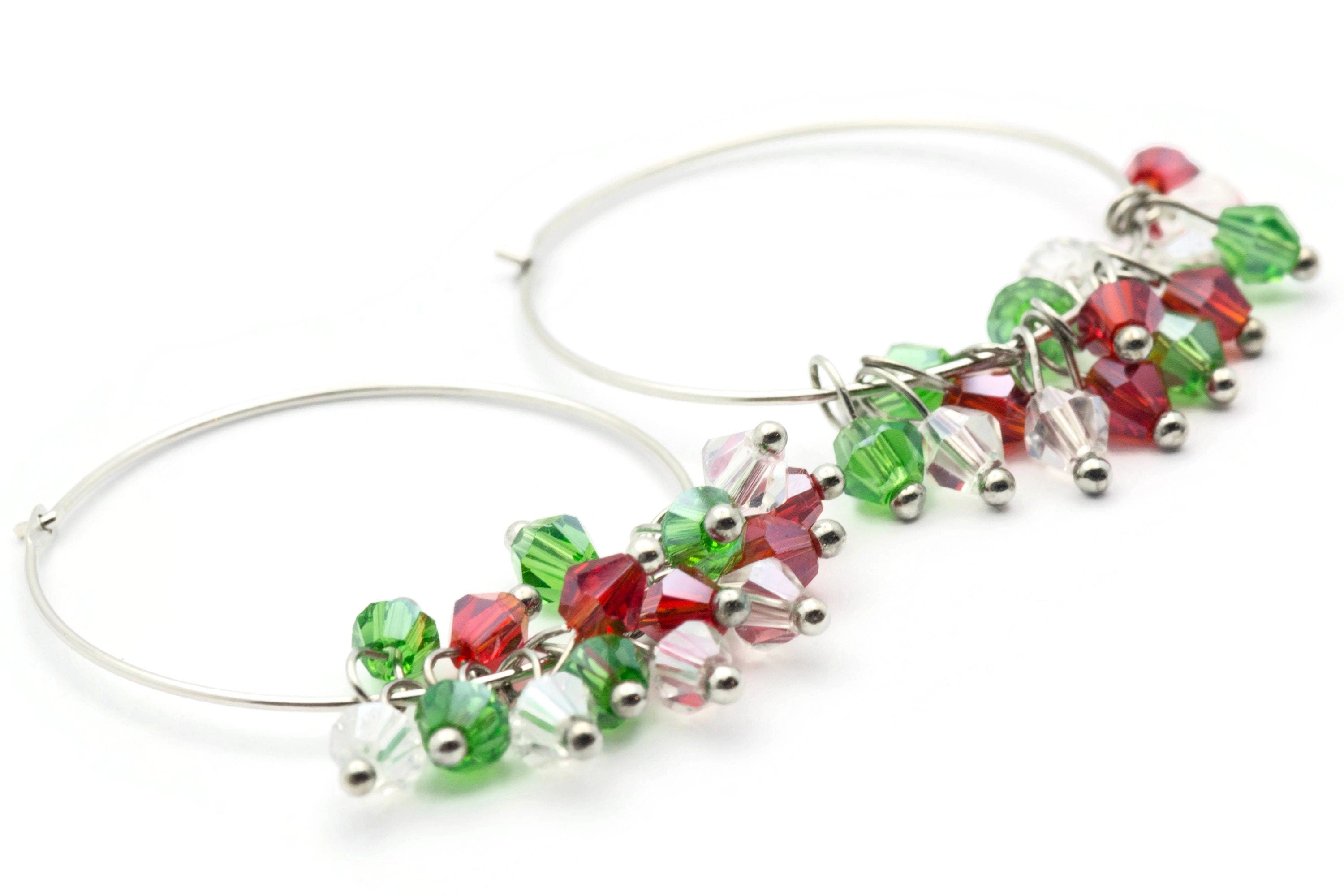 Christmas Hoop Earrings | Red & Green Crystal Hoop Earrings | Holiday Earrings | Silver Hoop Earrings | Open Hoop Earrings | 30mm - EA00482