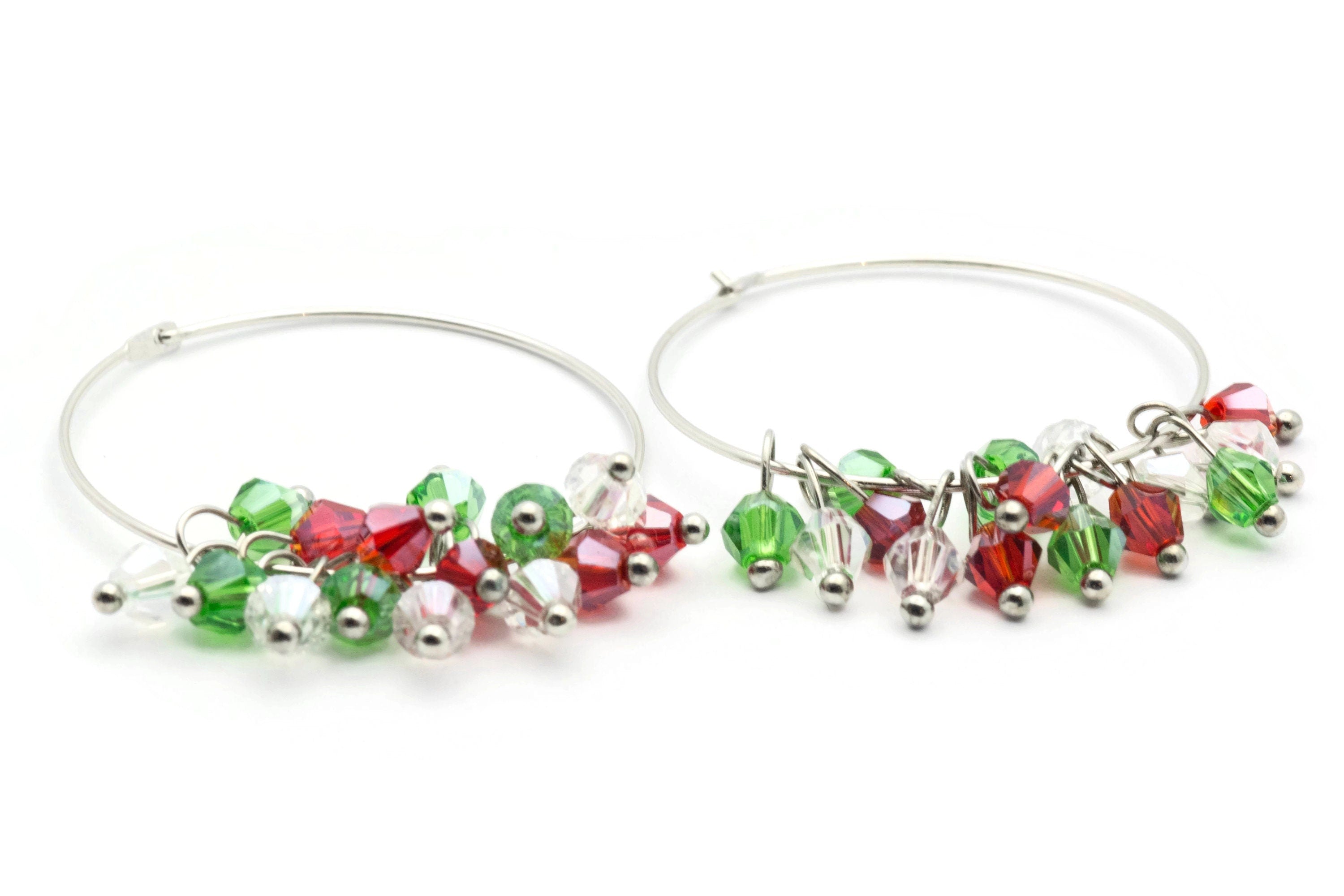 Christmas Hoop Earrings | Red & Green Crystal Hoop Earrings | Holiday Earrings | Silver Hoop Earrings | Open Hoop Earrings | 30mm - EA00482