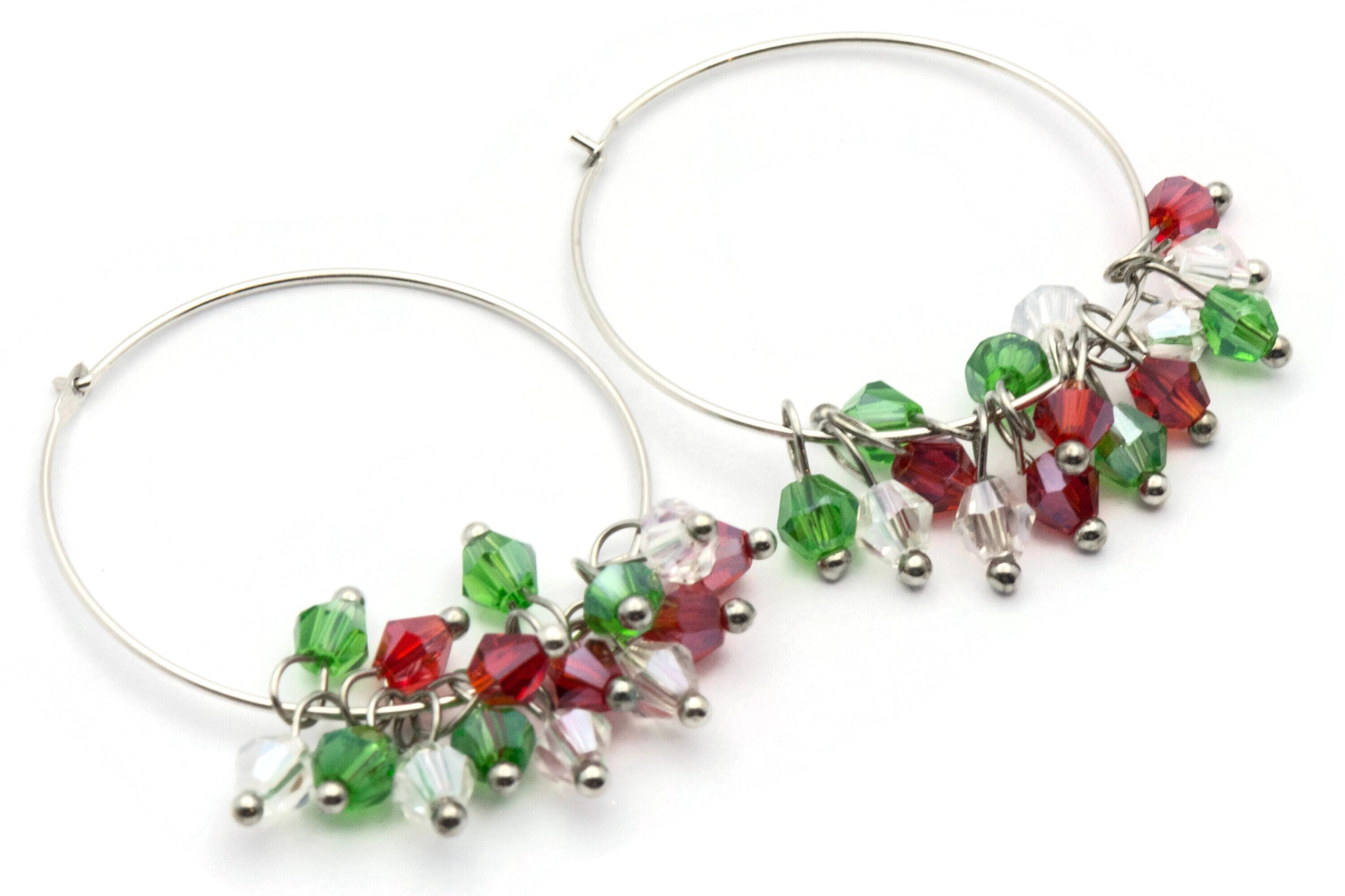 Christmas Hoop Earrings | Red & Green Crystal Hoop Earrings | Holiday Earrings | Silver Hoop Earrings | Open Hoop Earrings | 30mm - EA00482