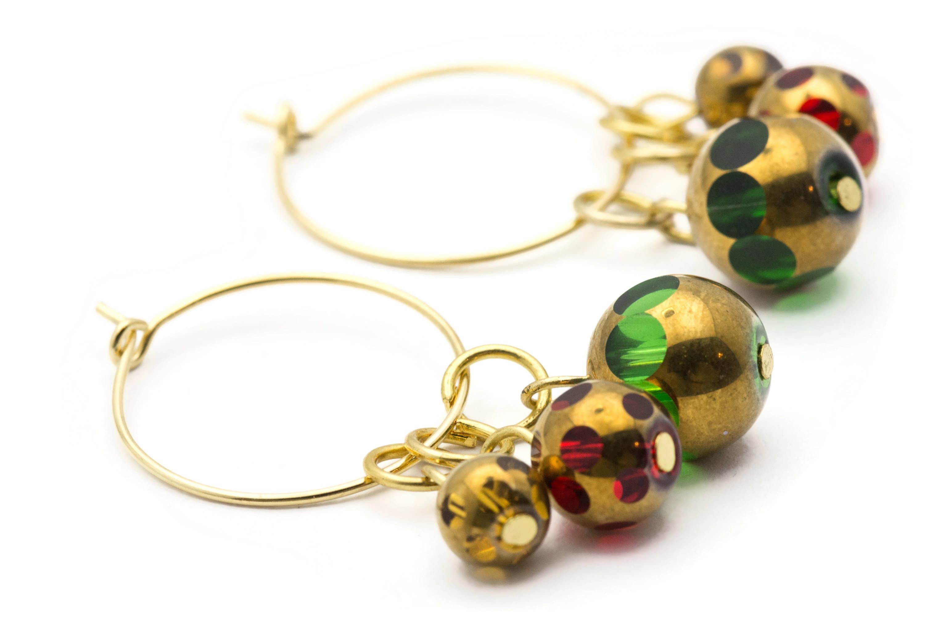 Christmas Hoop Earrings | Green Dotted Glass Hoop Earrings | Holiday Earrings | Gold Hoop Earrings | Open Hoop Earrings | 20mm - EA00483
