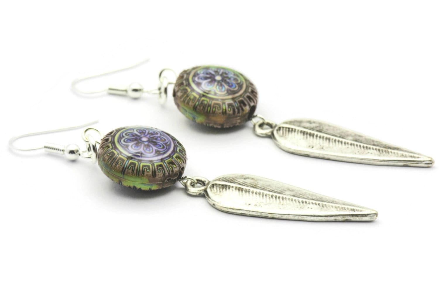 Silver Feather Earrings, Mood Bead, Feather Earrings, Blossom