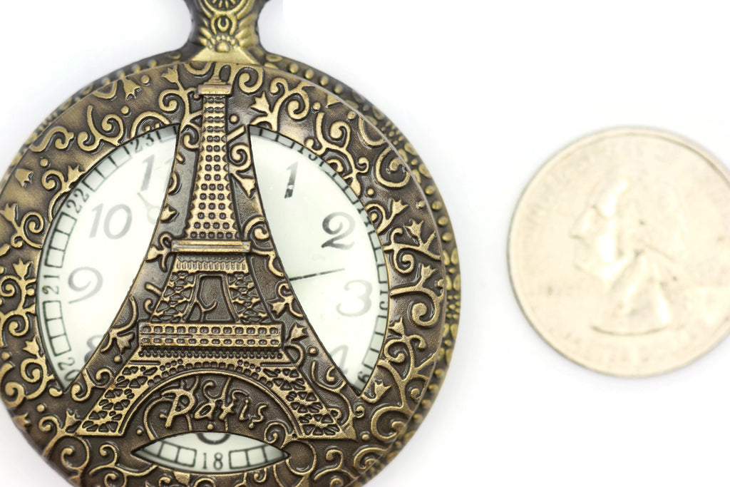 Eiffel Tower Pocket Watch Necklace, Large Watch, Antique Bronze, Long Necklace Watch, Bronze Pocket Watch, Ladies Pocket Watch