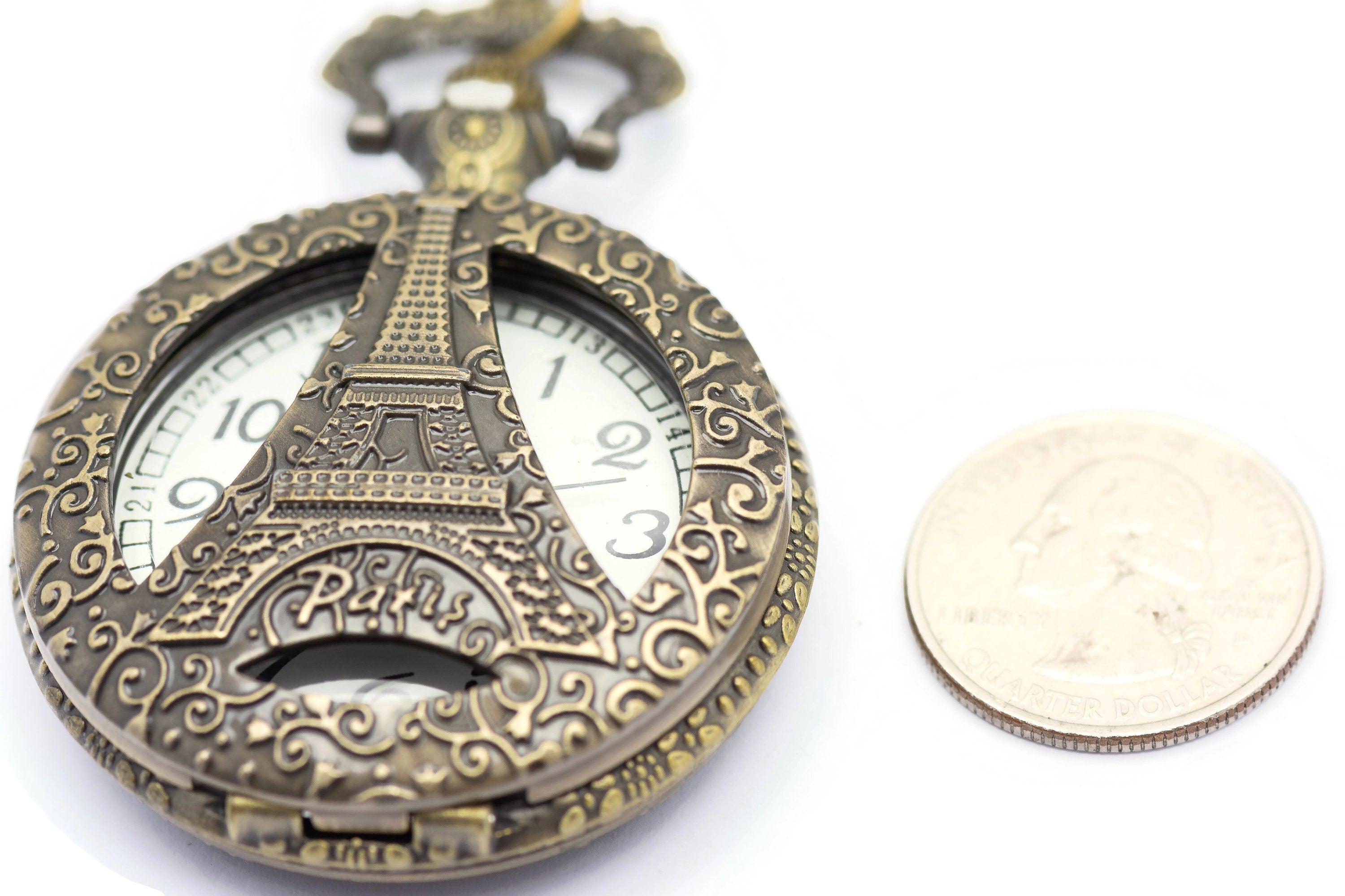 Eiffel Tower Pocket Watch Necklace, Large Watch, Antique Bronze, Long Necklace Watch, Bronze Pocket Watch, Ladies Pocket Watch