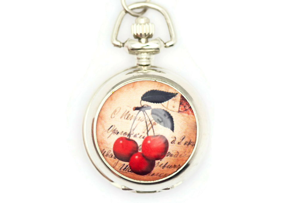 Cherries Print Porcelain, Silvertone Pocket Watch Necklace, Chain Necklace Watch, Long Necklace Watch, Watch Locket Necklace