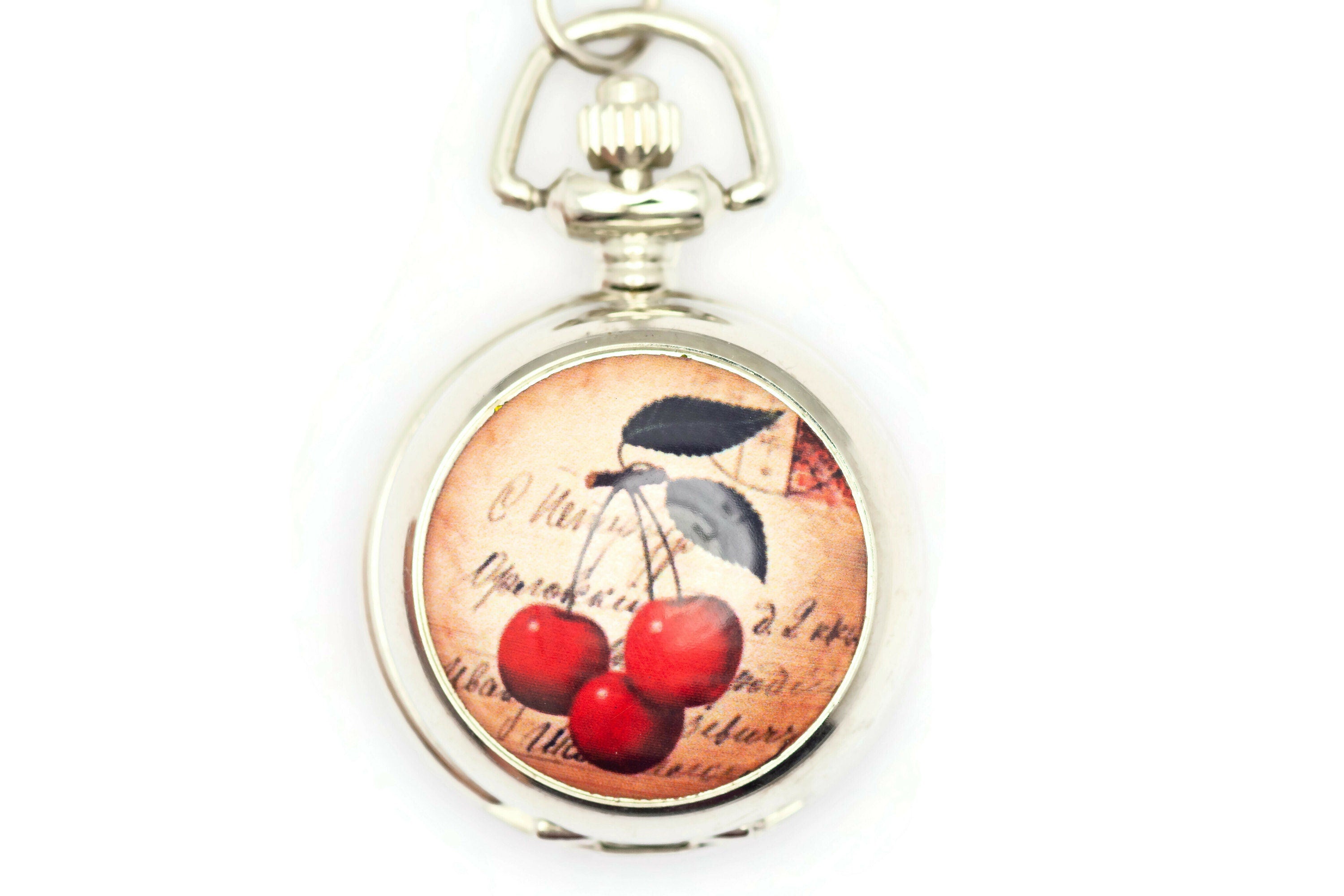 Cherries Print Porcelain, Silvertone Pocket Watch Necklace, Chain Necklace Watch, Long Necklace Watch, Watch Locket Necklace