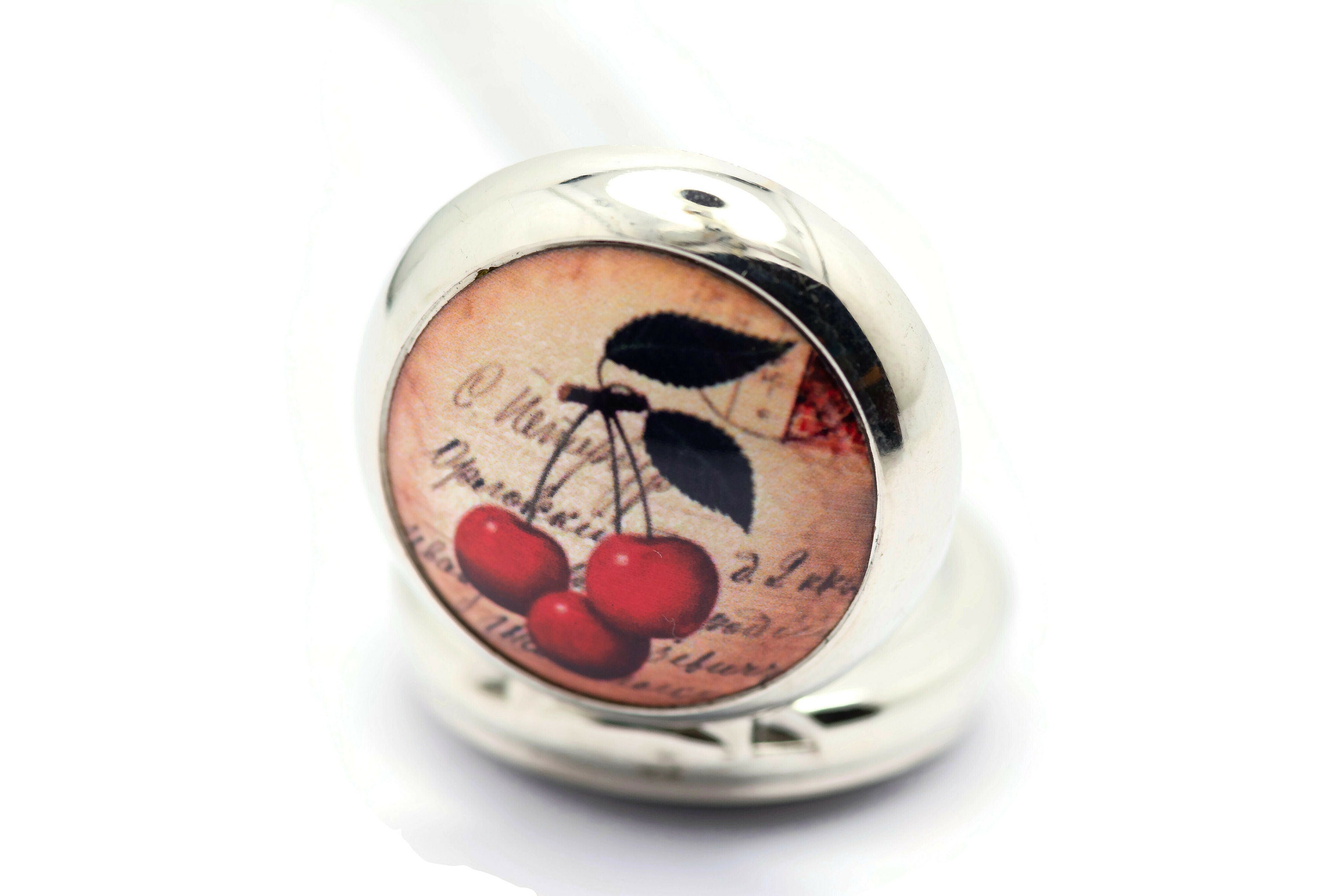 Cherries Print Porcelain, Silvertone Pocket Watch Necklace, Chain Necklace Watch, Long Necklace Watch, Watch Locket Necklace
