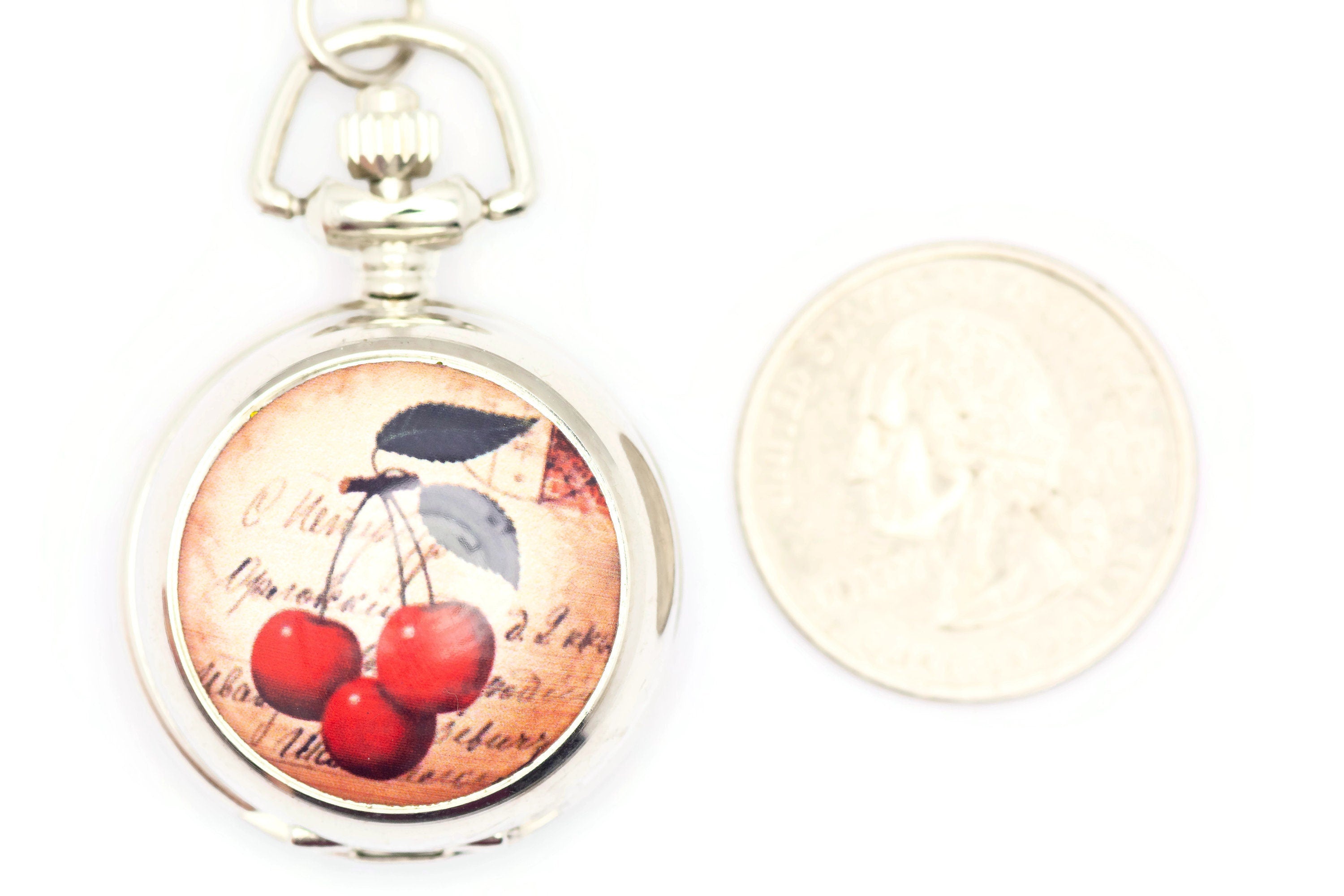 Cherries Print Porcelain, Silvertone Pocket Watch Necklace, Chain Necklace Watch, Long Necklace Watch, Watch Locket Necklace