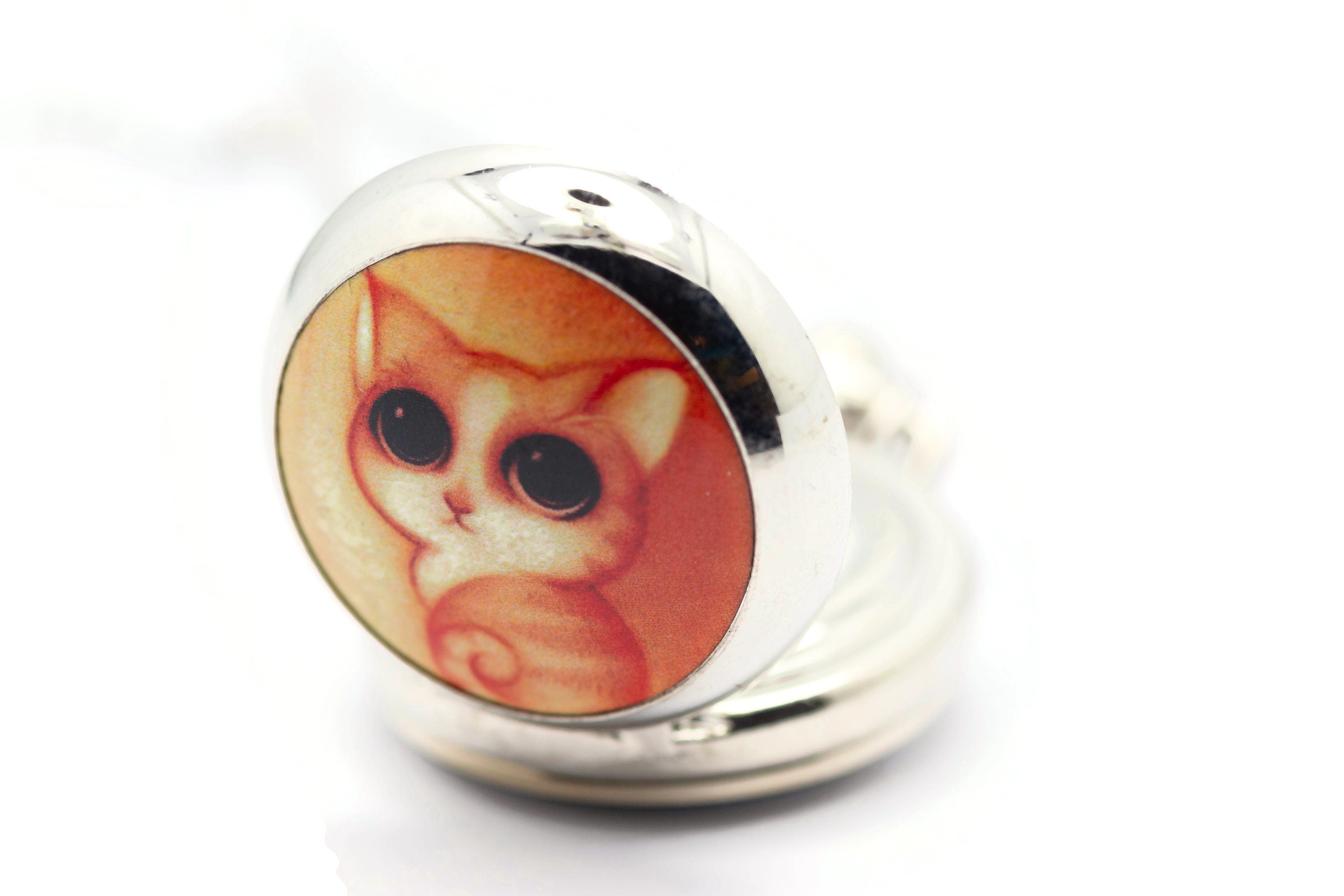 Kitty Print Porcelain, Cat Pocket Watch Necklace, Chain Necklace Watch, Long Necklace Watch, Watch Locket Necklace