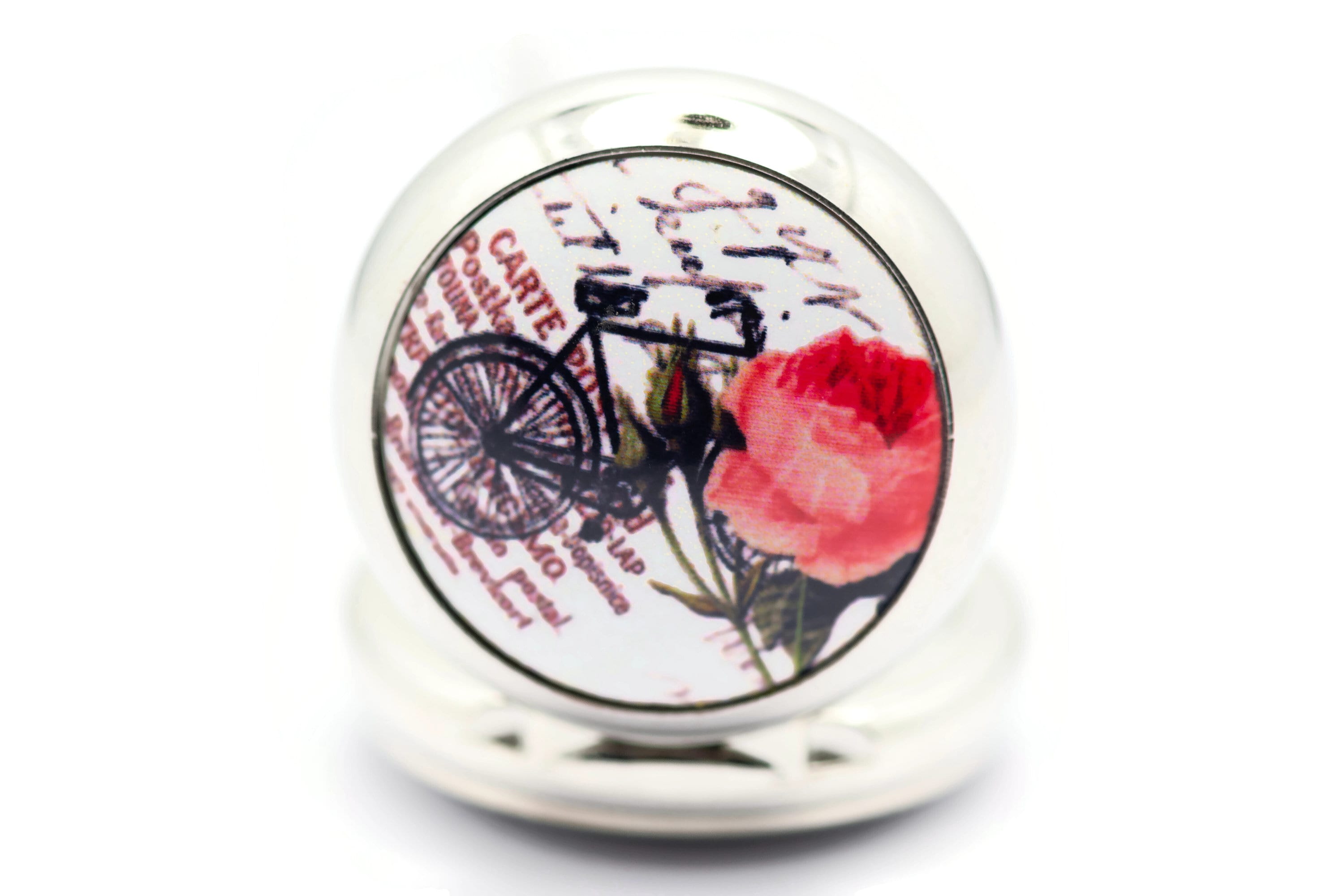 Bicycle Print Porcelain, Silvertone Pocket Watch Necklace, Chain Necklace Watch, Long Necklace Watch, Watch Locket Necklace