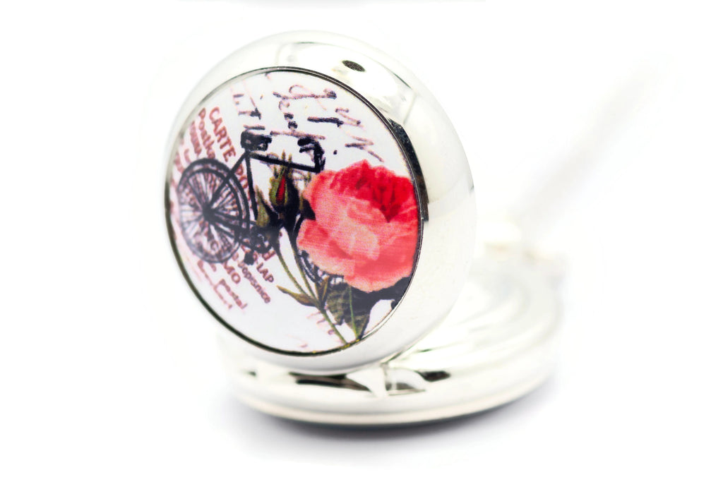 Bicycle Print Porcelain, Silvertone Pocket Watch Necklace, Chain Necklace Watch, Long Necklace Watch, Watch Locket Necklace
