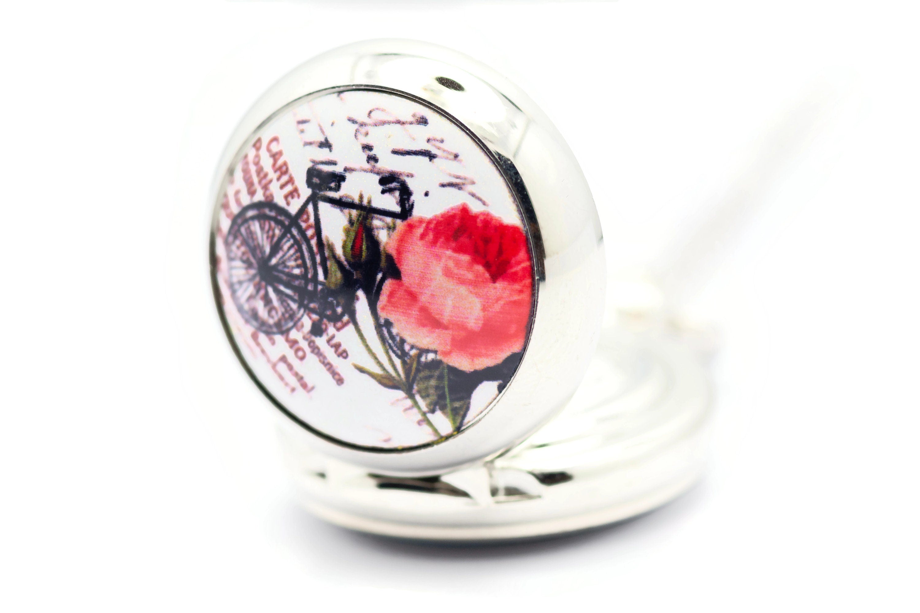 Bicycle Print Porcelain, Silvertone Pocket Watch Necklace, Chain Necklace Watch, Long Necklace Watch, Watch Locket Necklace
