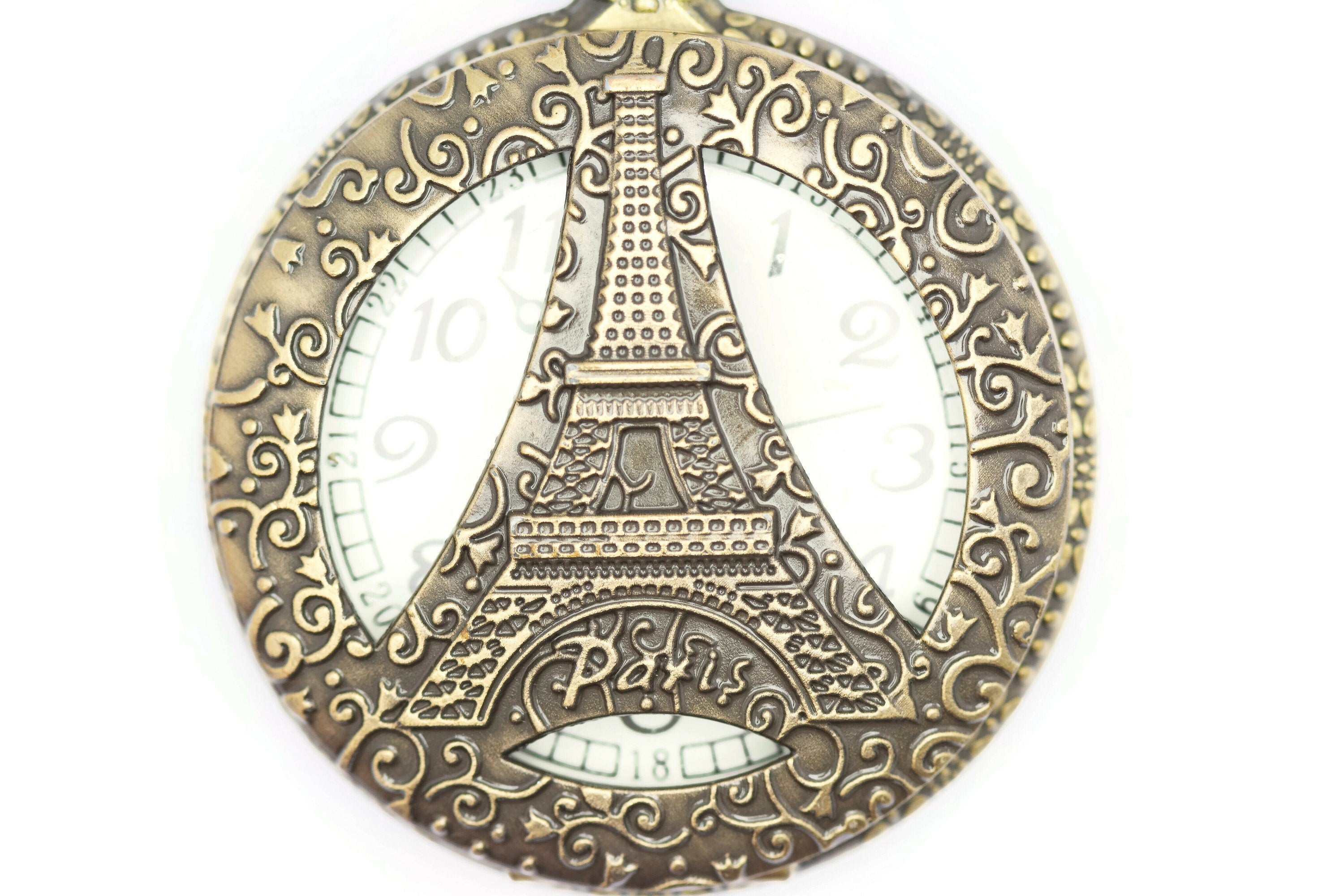 Eiffel Tower Pocket Watch Necklace, Large Watch, Antique Bronze, Long Necklace Watch, Bronze Pocket Watch, Ladies Pocket Watch