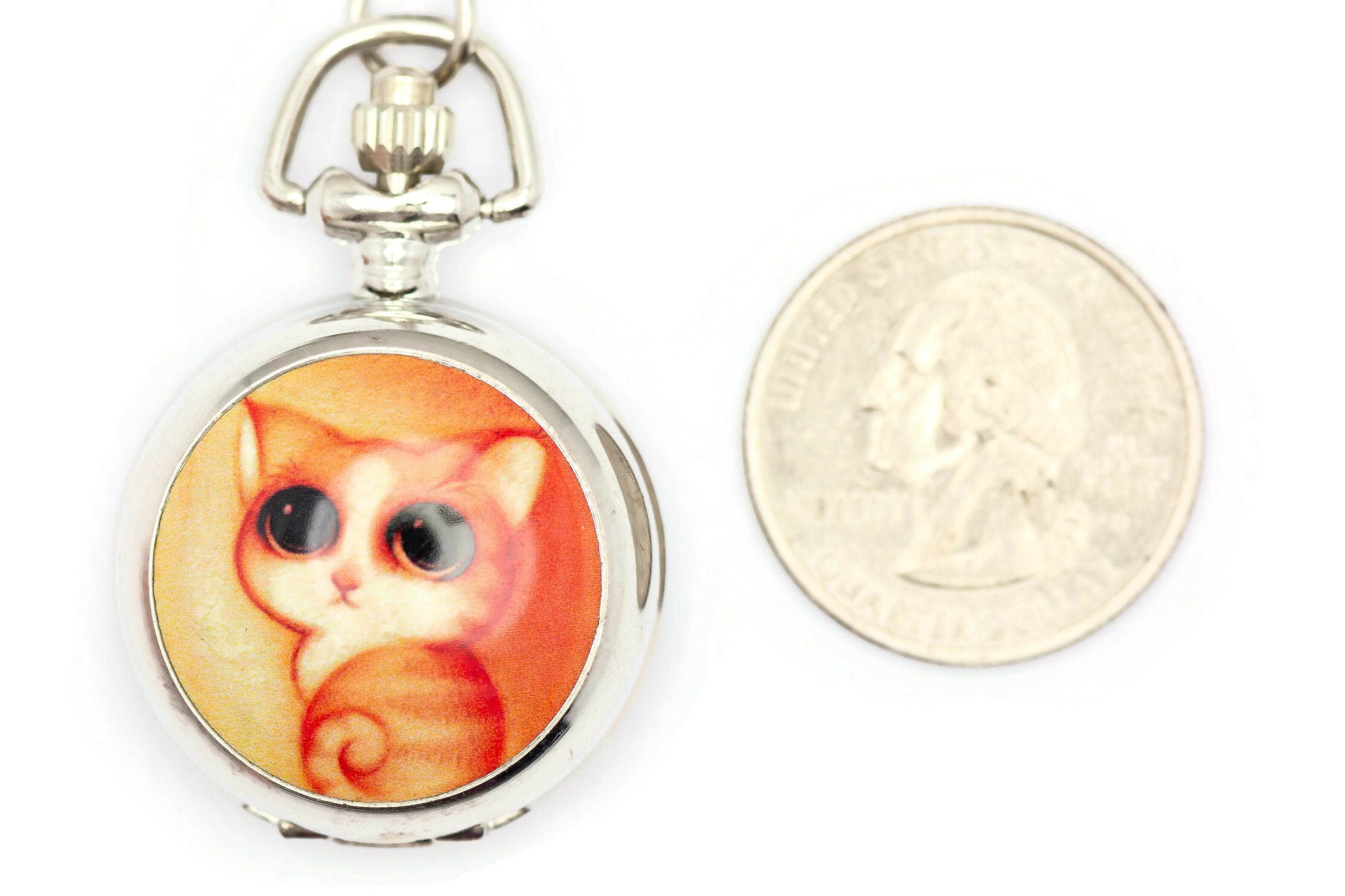 Kitty Print Porcelain, Cat Pocket Watch Necklace, Chain Necklace Watch, Long Necklace Watch, Watch Locket Necklace