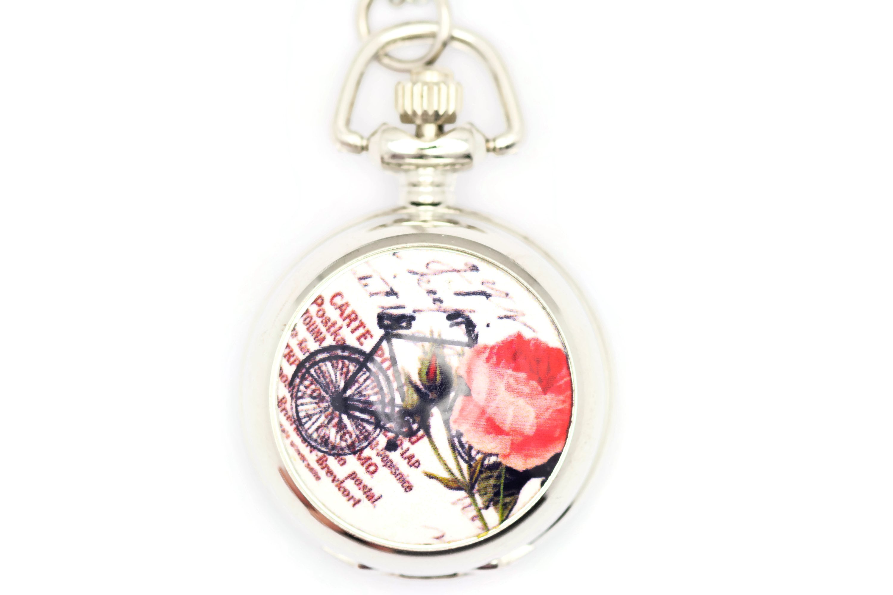 Bicycle Print Porcelain, Silvertone Pocket Watch Necklace, Chain Necklace Watch, Long Necklace Watch, Watch Locket Necklace