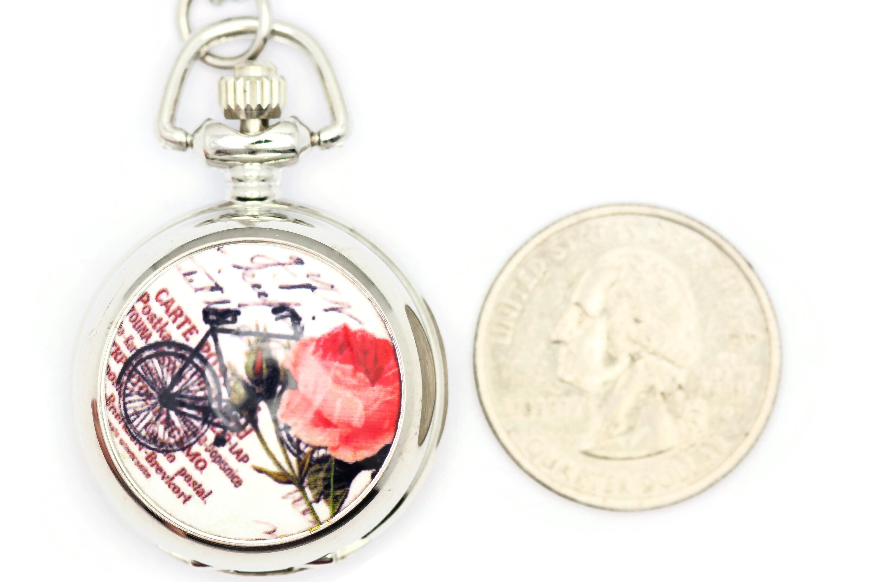 Bicycle Print Porcelain, Silvertone Pocket Watch Necklace, Chain Necklace Watch, Long Necklace Watch, Watch Locket Necklace