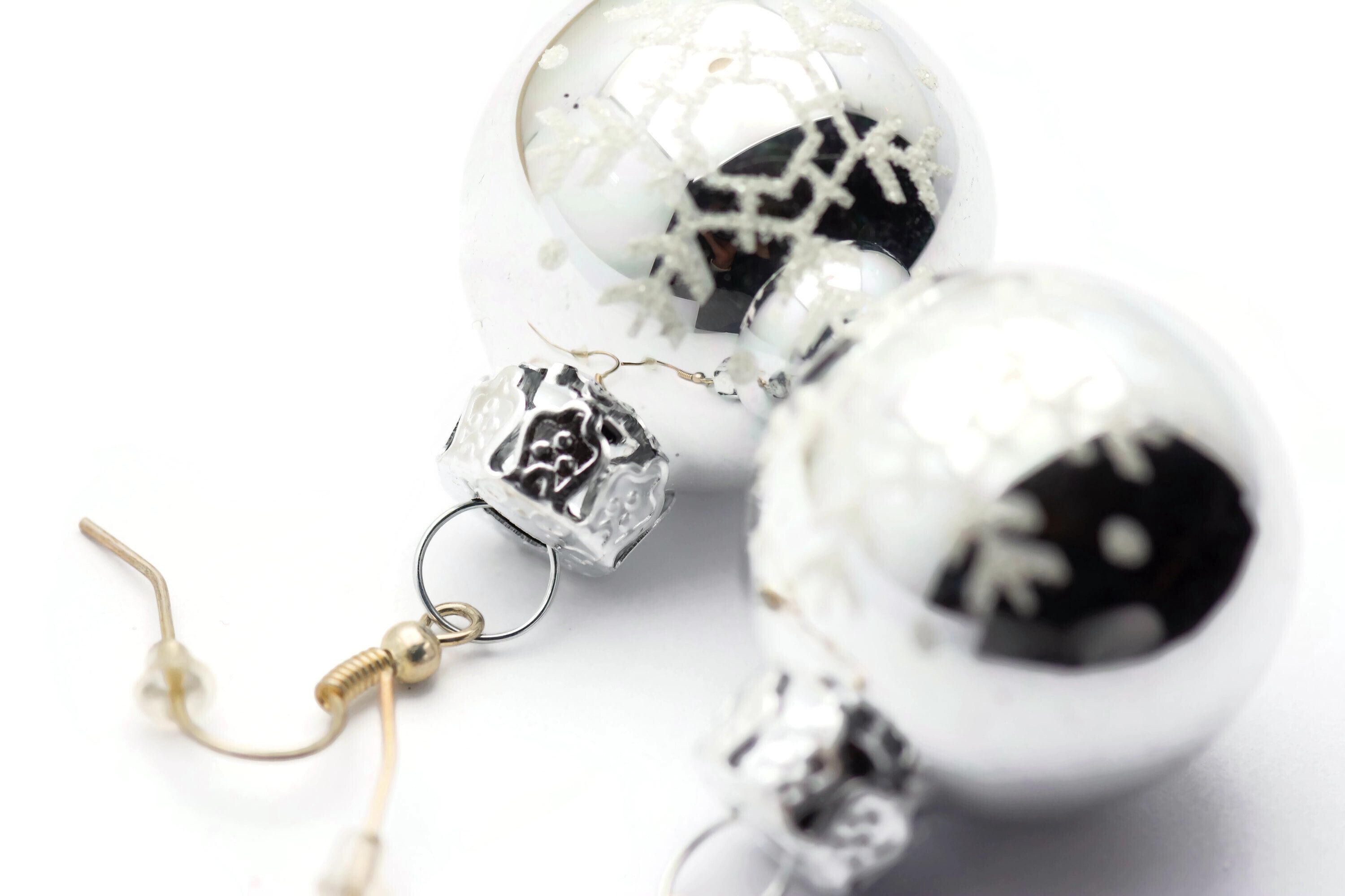 Christmas Ornament Earrings, Snowflakes, Mini Glass Ornaments, Holiday Earrings, Festive Earrings, Glitter Balls