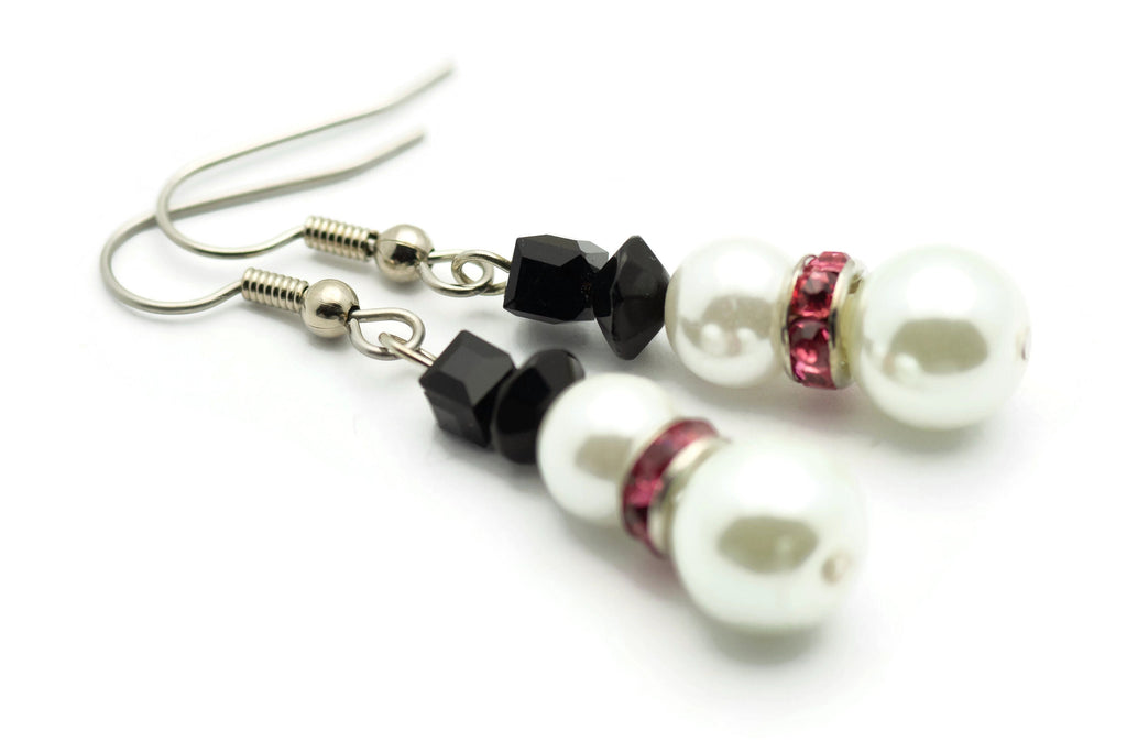 Snowman Earrings, White Snowmen, Surgical Steel, Snow Woman, Winter Jewelry, Pink Scarf, Holiday Earrings, Christmas Earrings, Snow Love