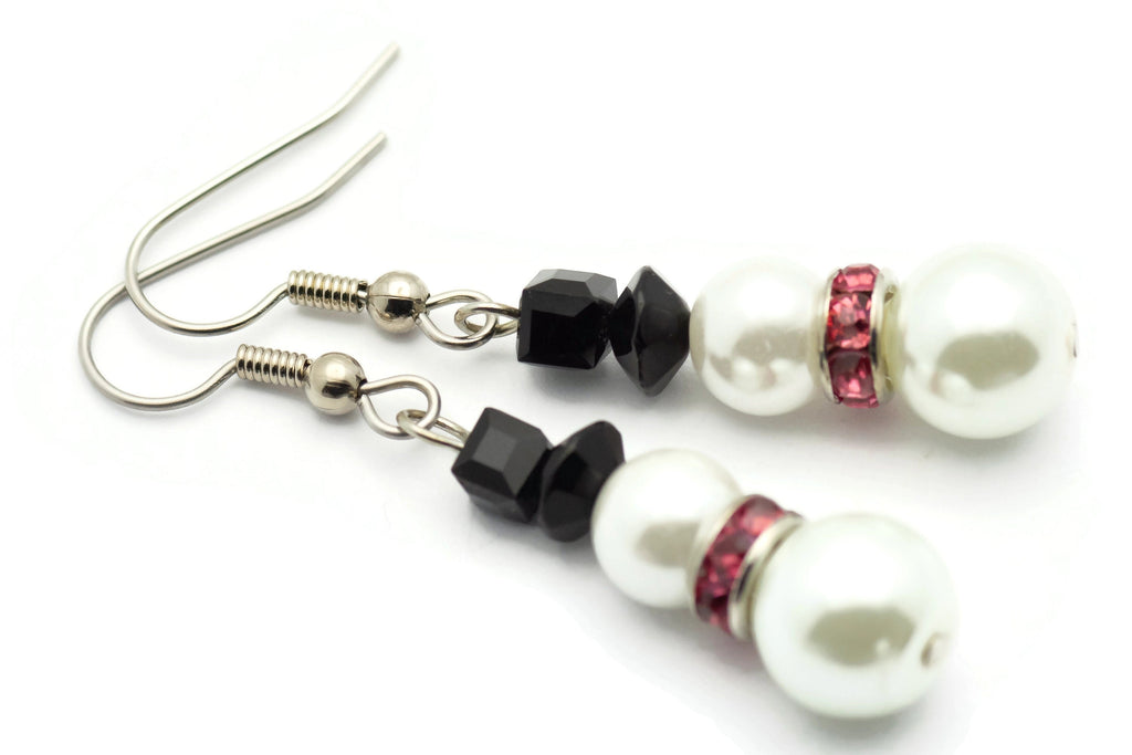 Snowman Earrings, White Snowmen, Surgical Steel, Snow Woman, Winter Jewelry, Pink Scarf, Holiday Earrings, Christmas Earrings, Snow Love