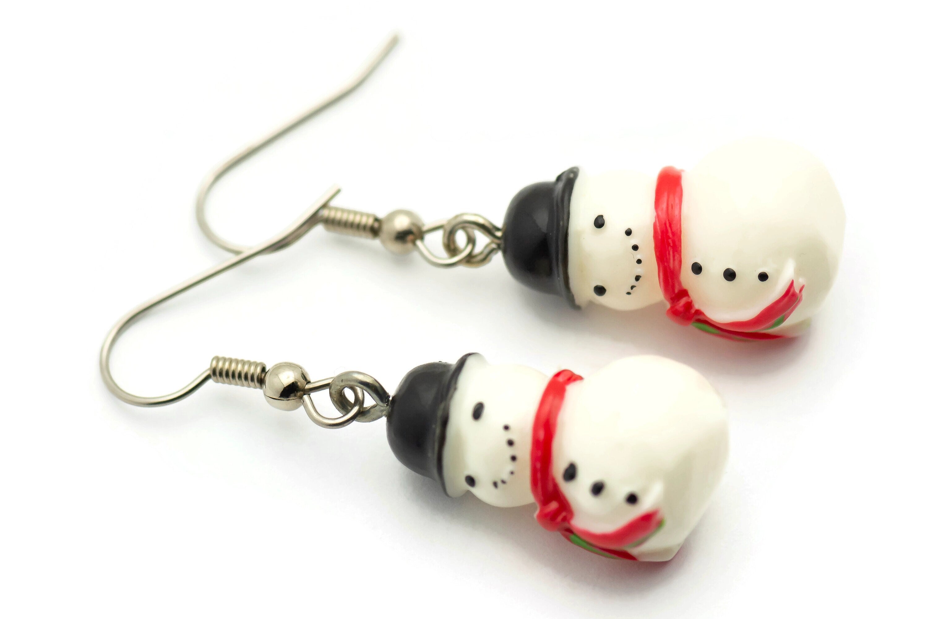 Snowman Earrings, White Snowmen, Surgical Steel, Winter Jewelry, Red Scarf, Holiday Earrings, Christmas Earrings, Snow Love