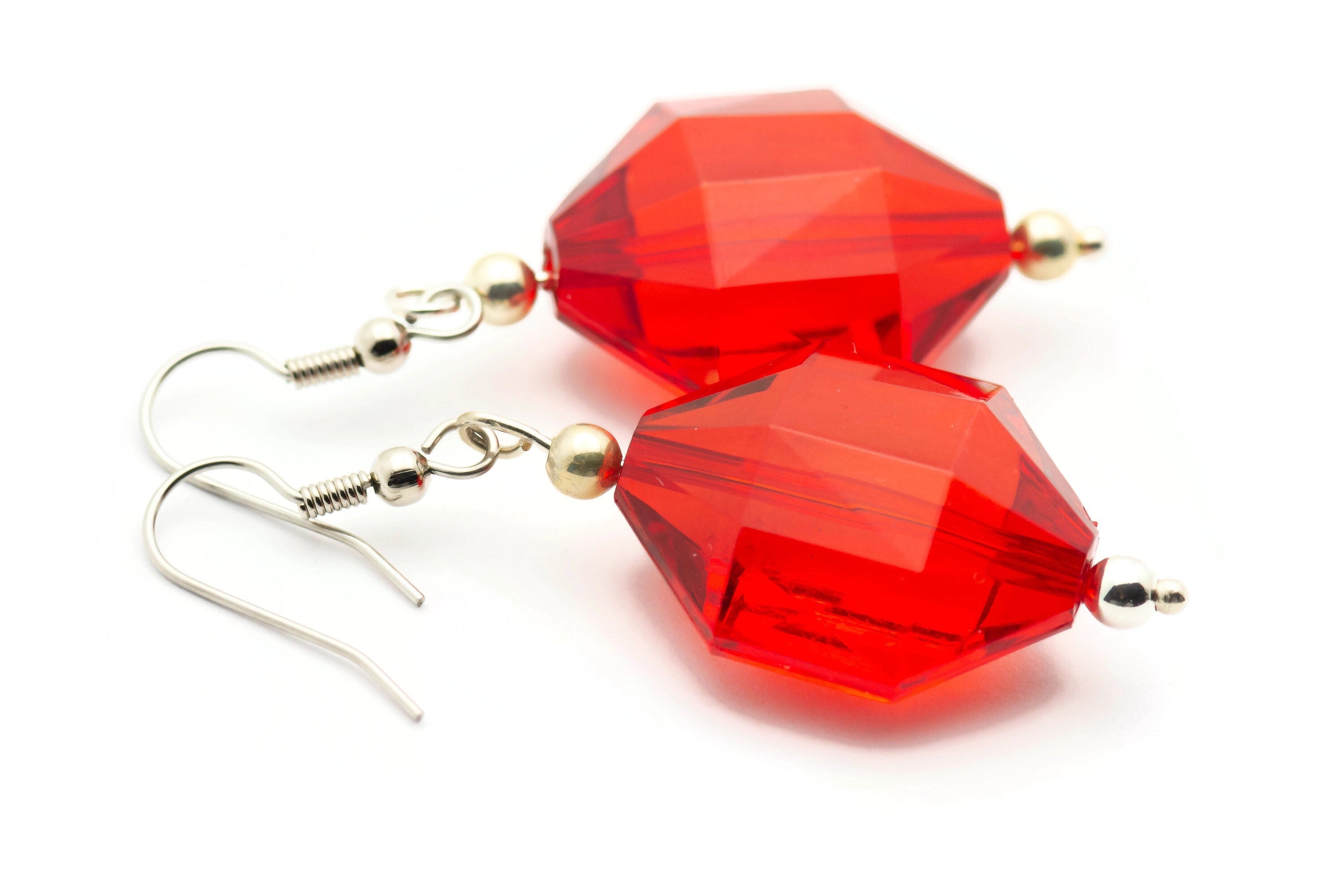 Red Glass Earrings, Crystal Chunk, Faceted Glass, Surgical Steel, Holiday Earrings, Christmas Earrings, Merry and Bright
