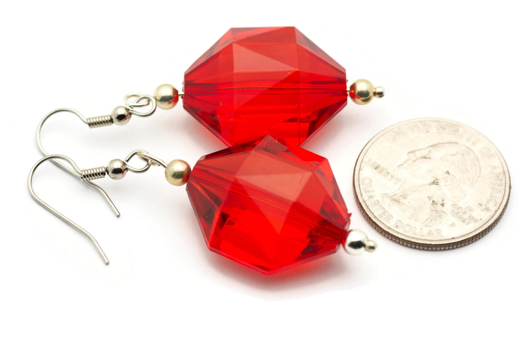 Red Glass Earrings, Crystal Chunk, Faceted Glass, Surgical Steel, Holiday Earrings, Christmas Earrings, Merry and Bright