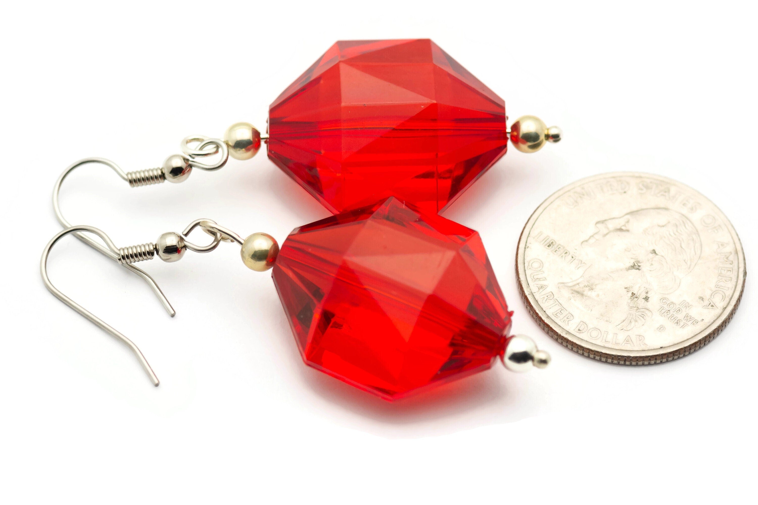 Red Glass Earrings, Crystal Chunk, Faceted Glass, Surgical Steel, Holiday Earrings, Christmas Earrings, Merry and Bright