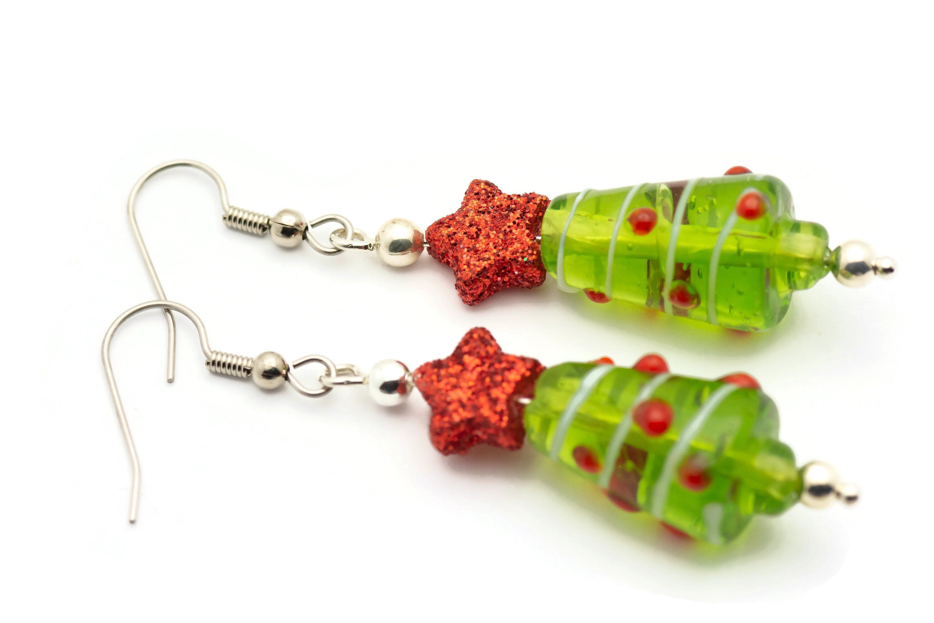 Red Star, Christmas Tree, Glass Earrings, Surgical Steel, Holiday Earrings, Christmas Earrings, Glitter Star
