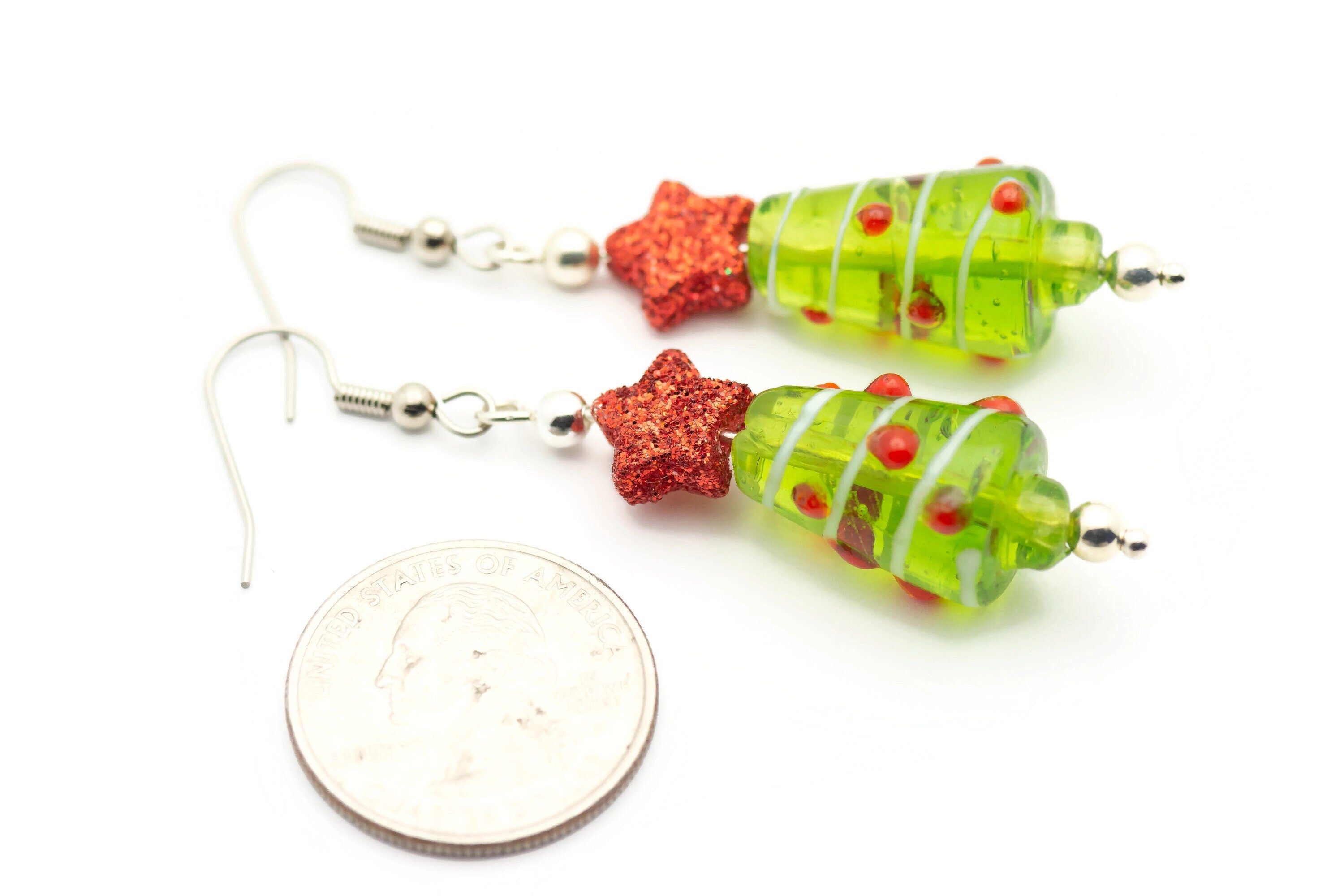 Red Star, Christmas Tree, Glass Earrings, Surgical Steel, Holiday Earrings, Christmas Earrings, Glitter Star
