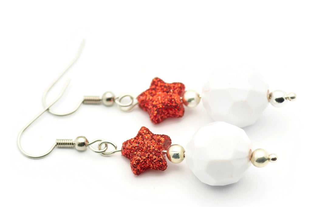 Red Star, White Snowball, Glass Earrings, Surgical Steel, Holiday Earrings, Christmas Earrings, Glitter Star, Snowball Fight