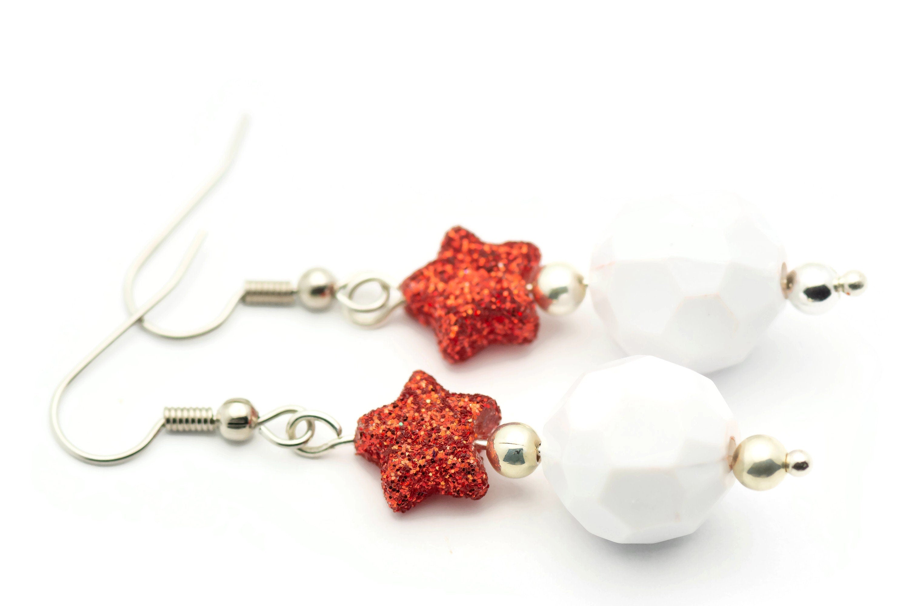 Red Star, White Snowball, Glass Earrings, Surgical Steel, Holiday Earrings, Christmas Earrings, Glitter Star, Snowball Fight