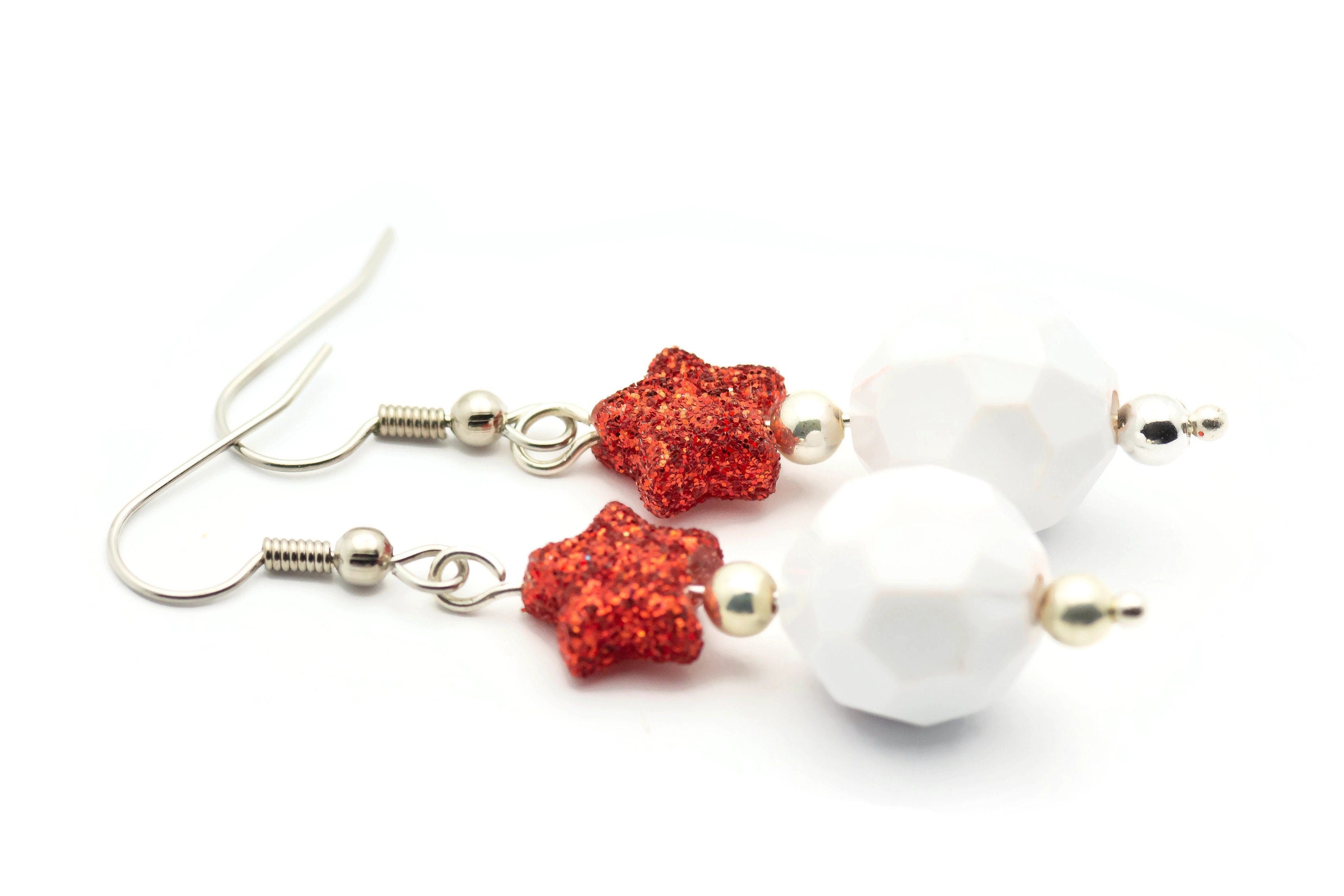 Red Star, White Snowball, Glass Earrings, Surgical Steel, Holiday Earrings, Christmas Earrings, Glitter Star, Snowball Fight