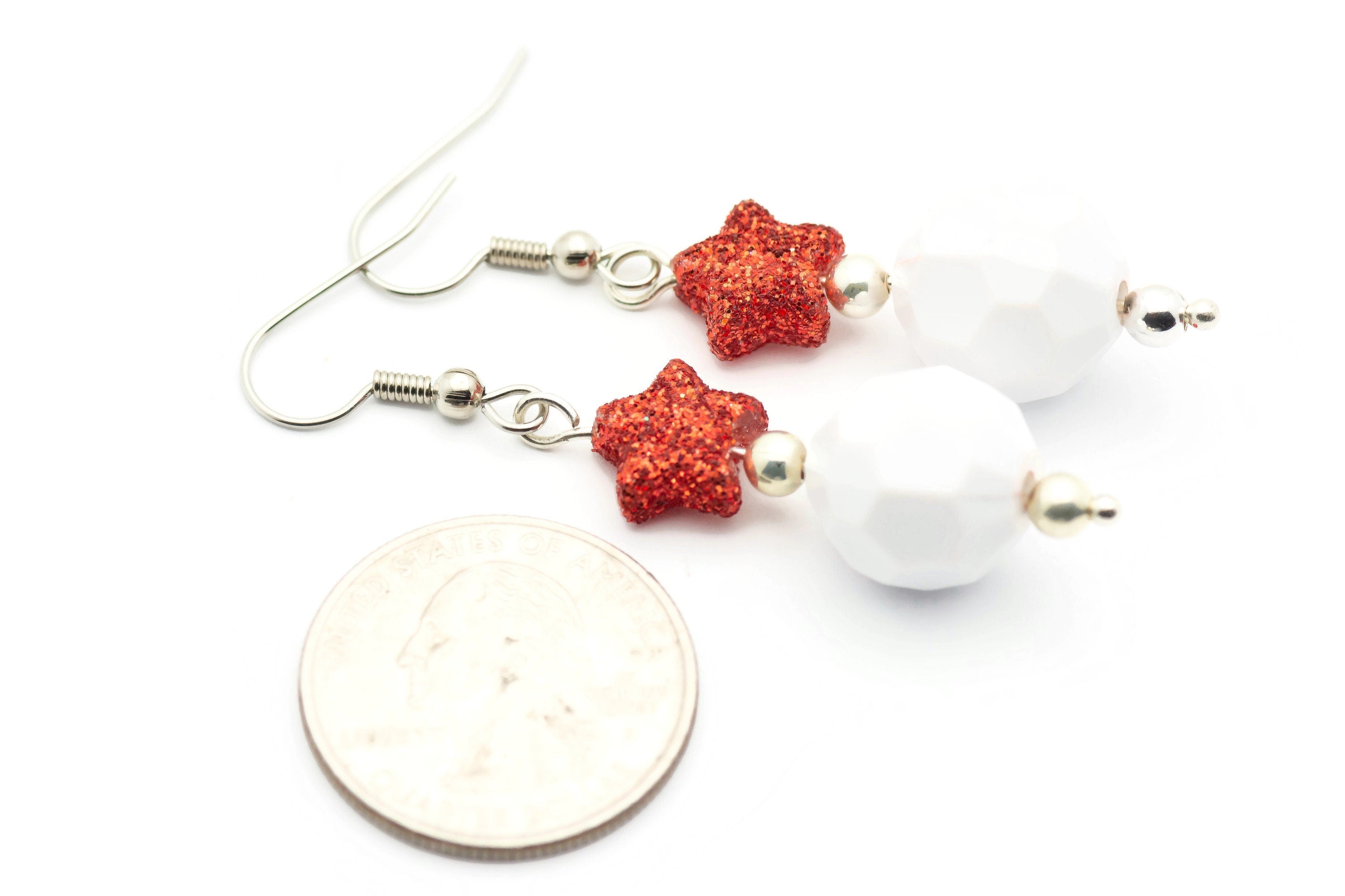 Red Star, White Snowball, Glass Earrings, Surgical Steel, Holiday Earrings, Christmas Earrings, Glitter Star, Snowball Fight
