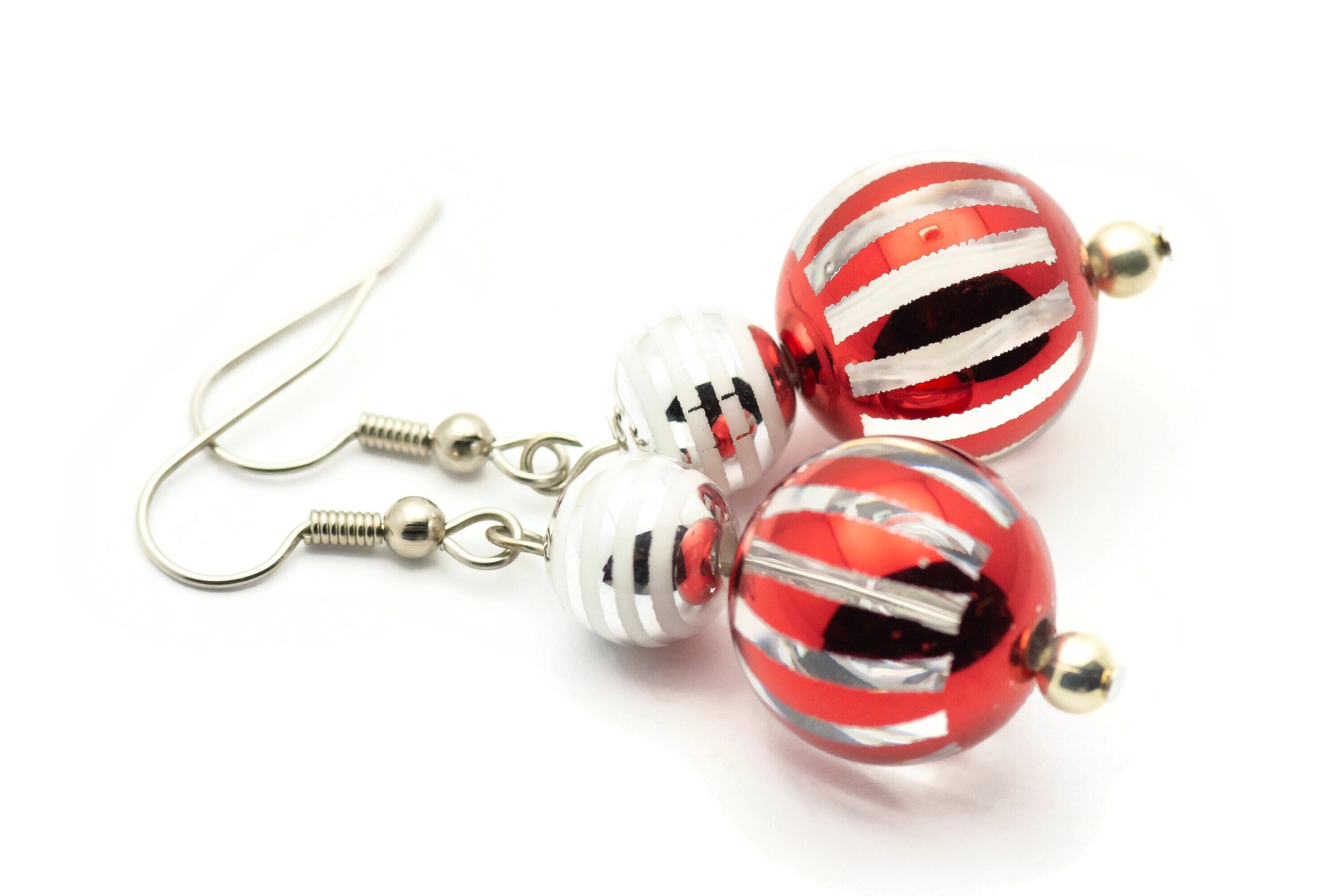 Striped Ornament, Red and Silver, Christmas Ornament, Glass Globe, Surgical Steel, Holiday Earrings, Christmas Earrings