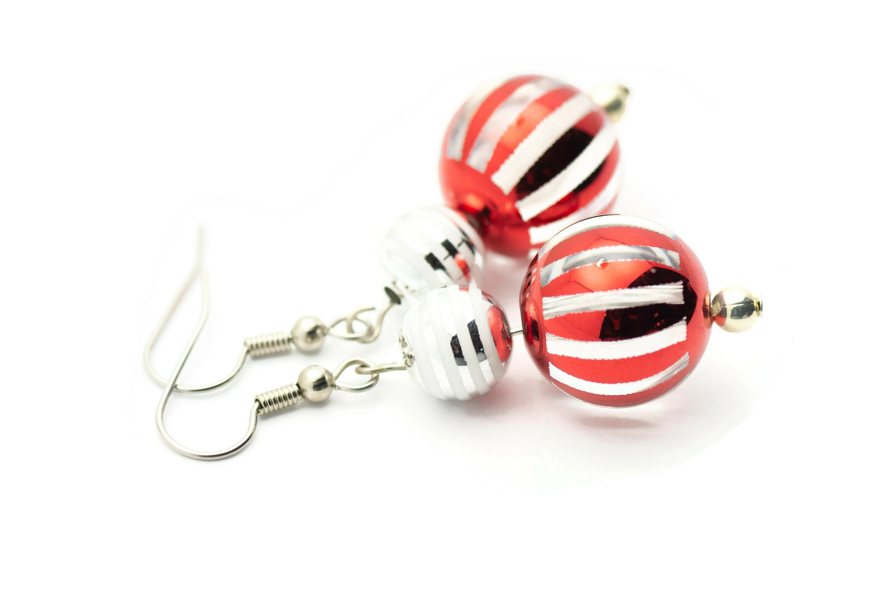 Striped Ornament, Red and Silver, Christmas Ornament, Glass Globe, Surgical Steel, Holiday Earrings, Christmas Earrings