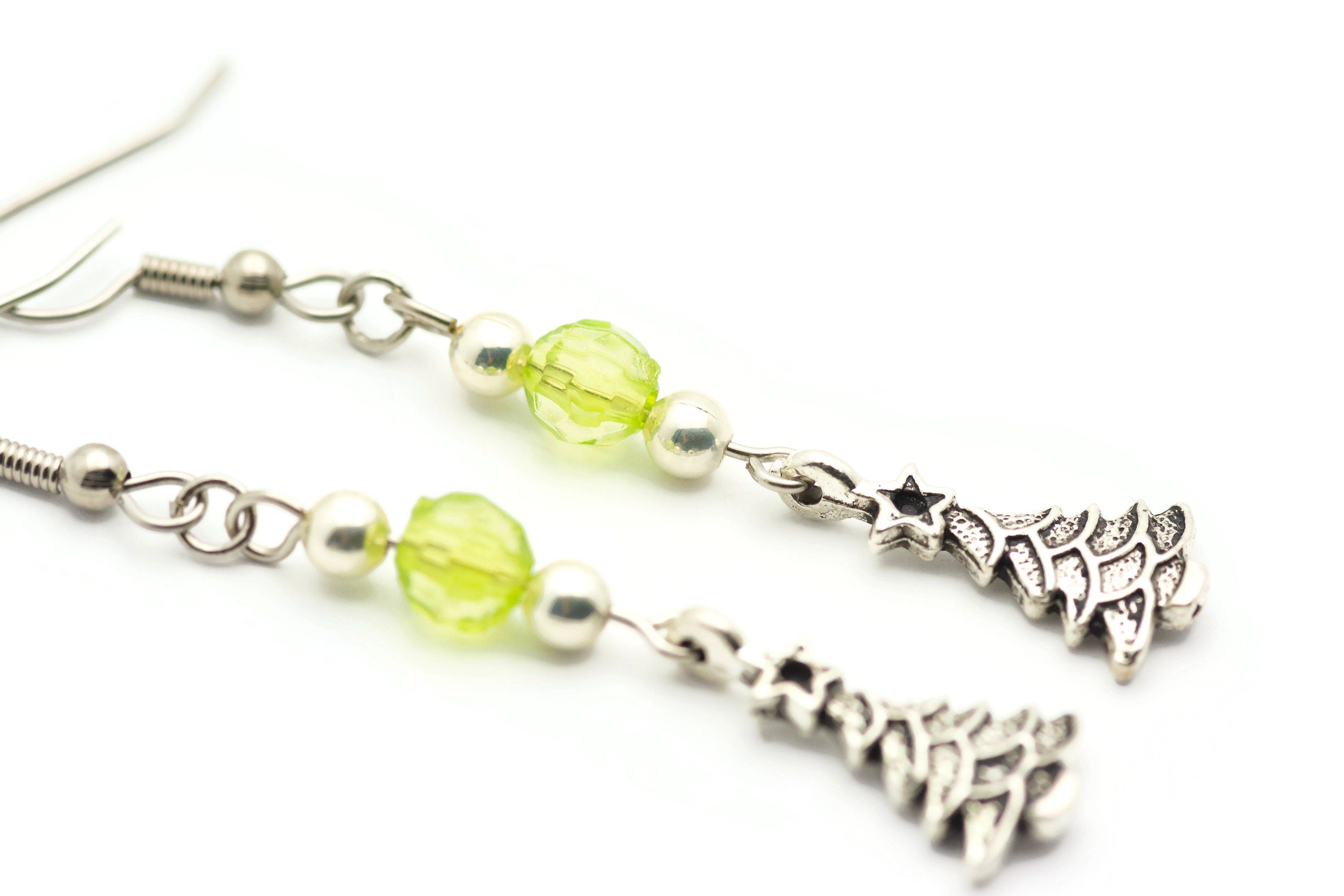 Christmas Tree Charm, Holiday Earrings, Surgical Steel, Christmas Earrings, Long Earrings, Minimalist Jewelry
