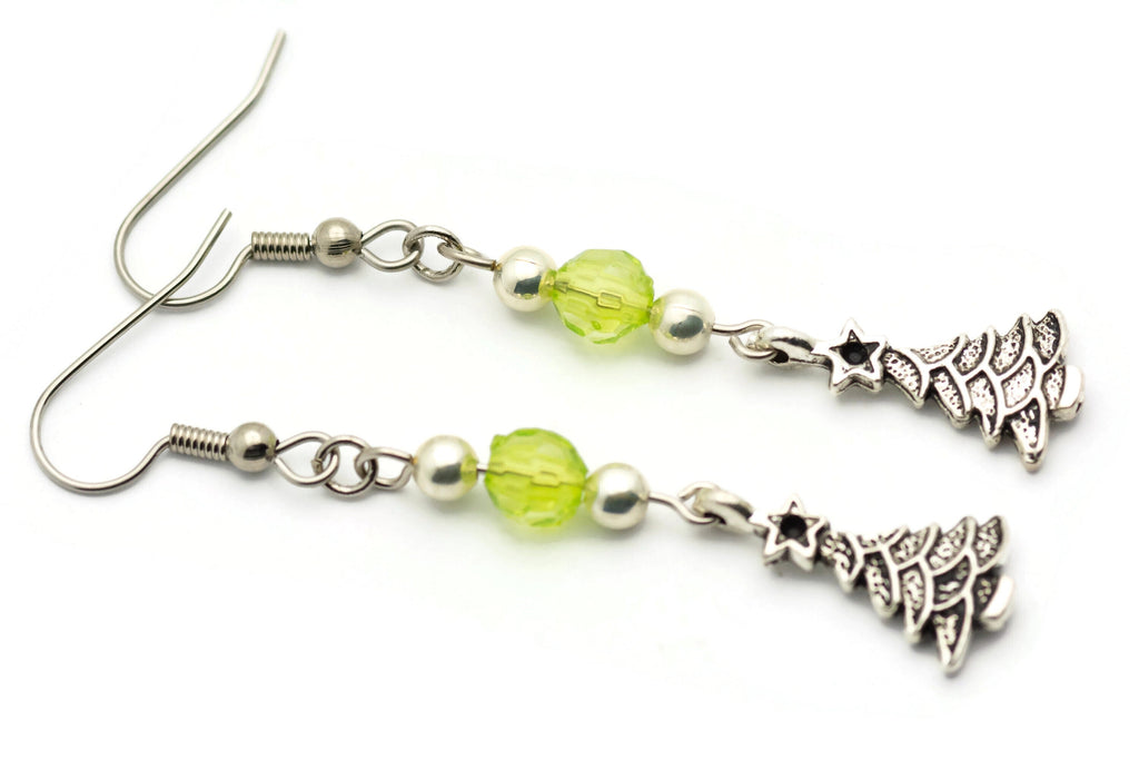 Christmas Tree Charm, Holiday Earrings, Surgical Steel, Christmas Earrings, Long Earrings, Minimalist Jewelry