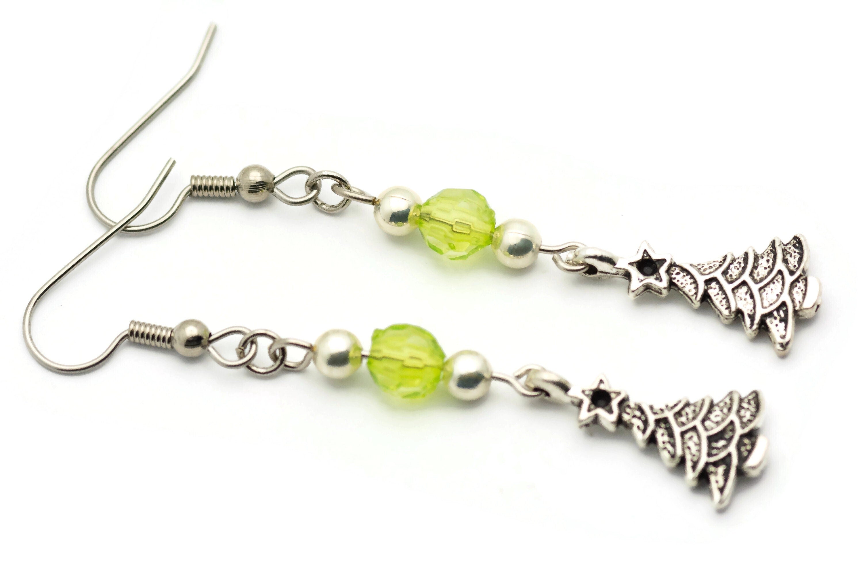 Christmas Tree Charm, Holiday Earrings, Surgical Steel, Christmas Earrings, Long Earrings, Minimalist Jewelry