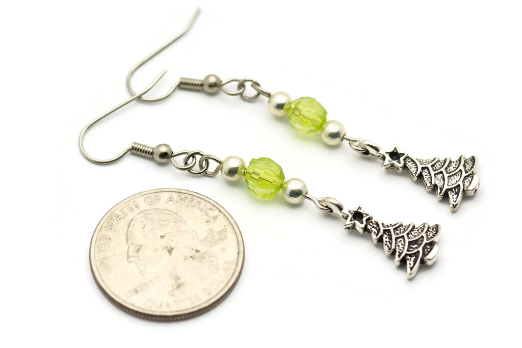 Christmas Tree Charm, Holiday Earrings, Surgical Steel, Christmas Earrings, Long Earrings, Minimalist Jewelry