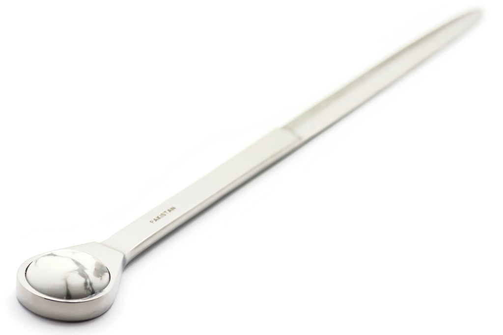 White Howlite Letter Opener • Chrome Plated Steel • Paper Knife • Desk Accessory • 8-Inch