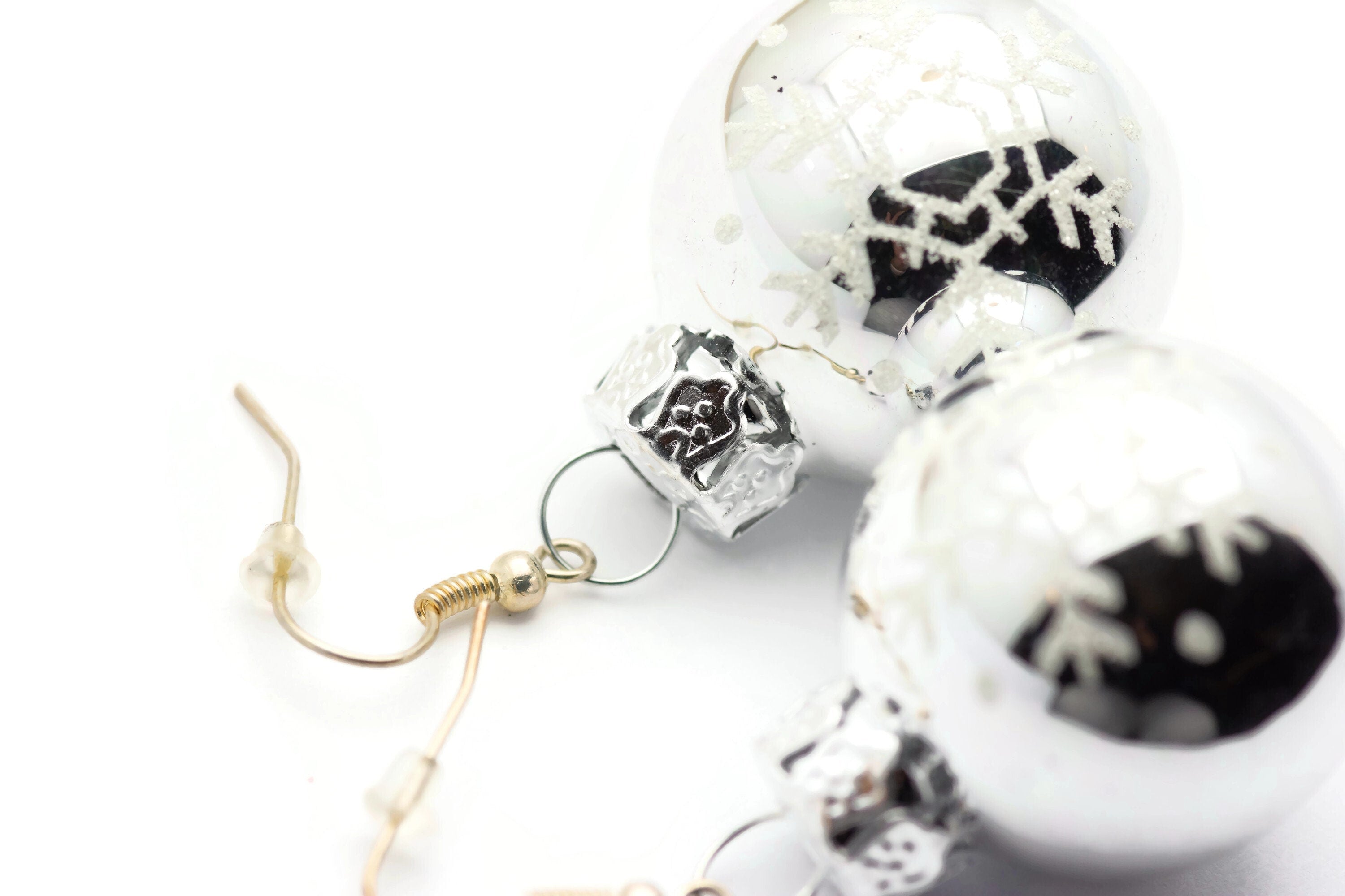 Christmas Ornament Earrings, Snowflakes, Mini Glass Ornaments, Holiday Earrings, Festive Earrings, Glitter Balls