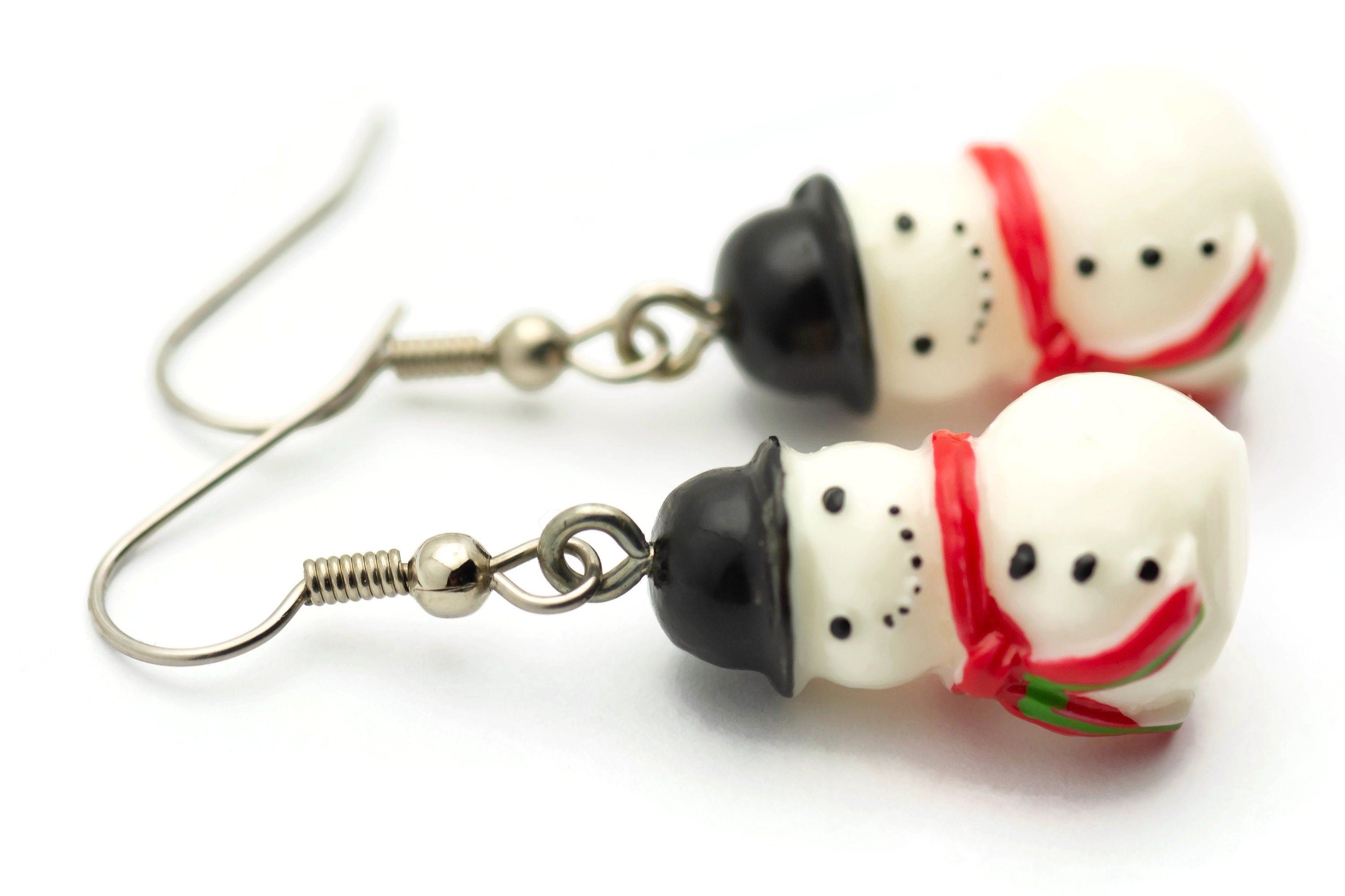 Snowman Earrings, White Snowmen, Surgical Steel, Winter Jewelry, Red Scarf, Holiday Earrings, Christmas Earrings, Snow Love