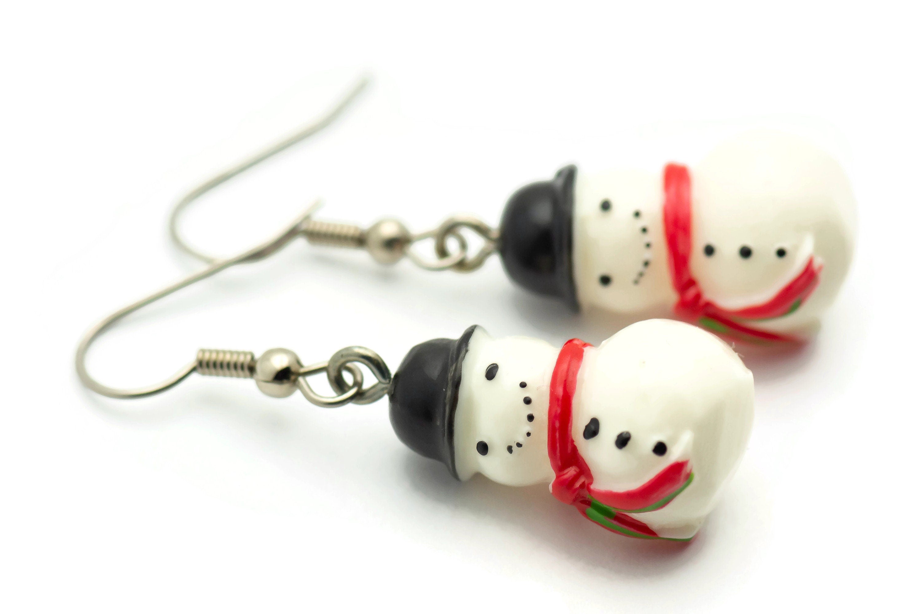 Snowman Earrings, White Snowmen, Surgical Steel, Winter Jewelry, Red Scarf, Holiday Earrings, Christmas Earrings, Snow Love
