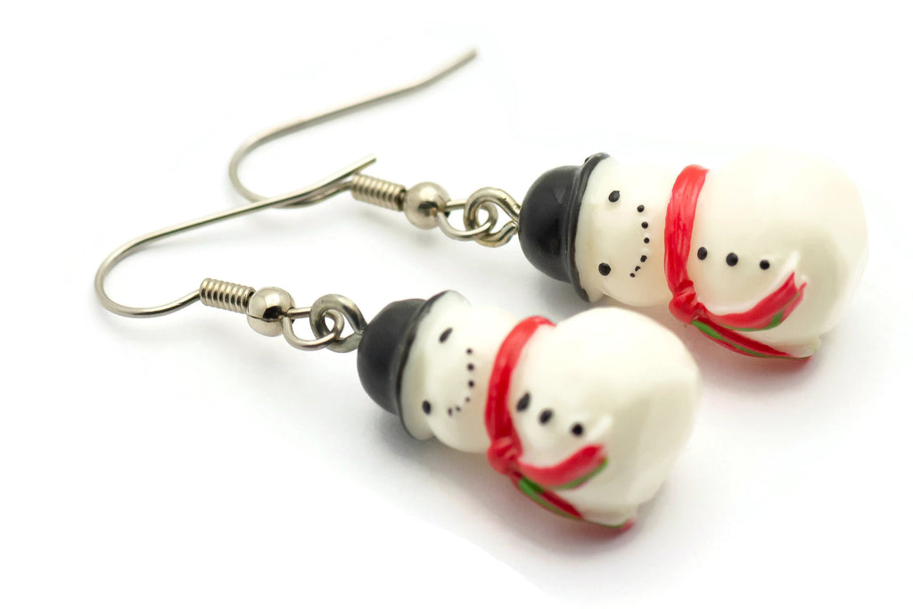 Snowman Earrings, White Snowmen, Surgical Steel, Winter Jewelry, Red Scarf, Holiday Earrings, Christmas Earrings, Snow Love