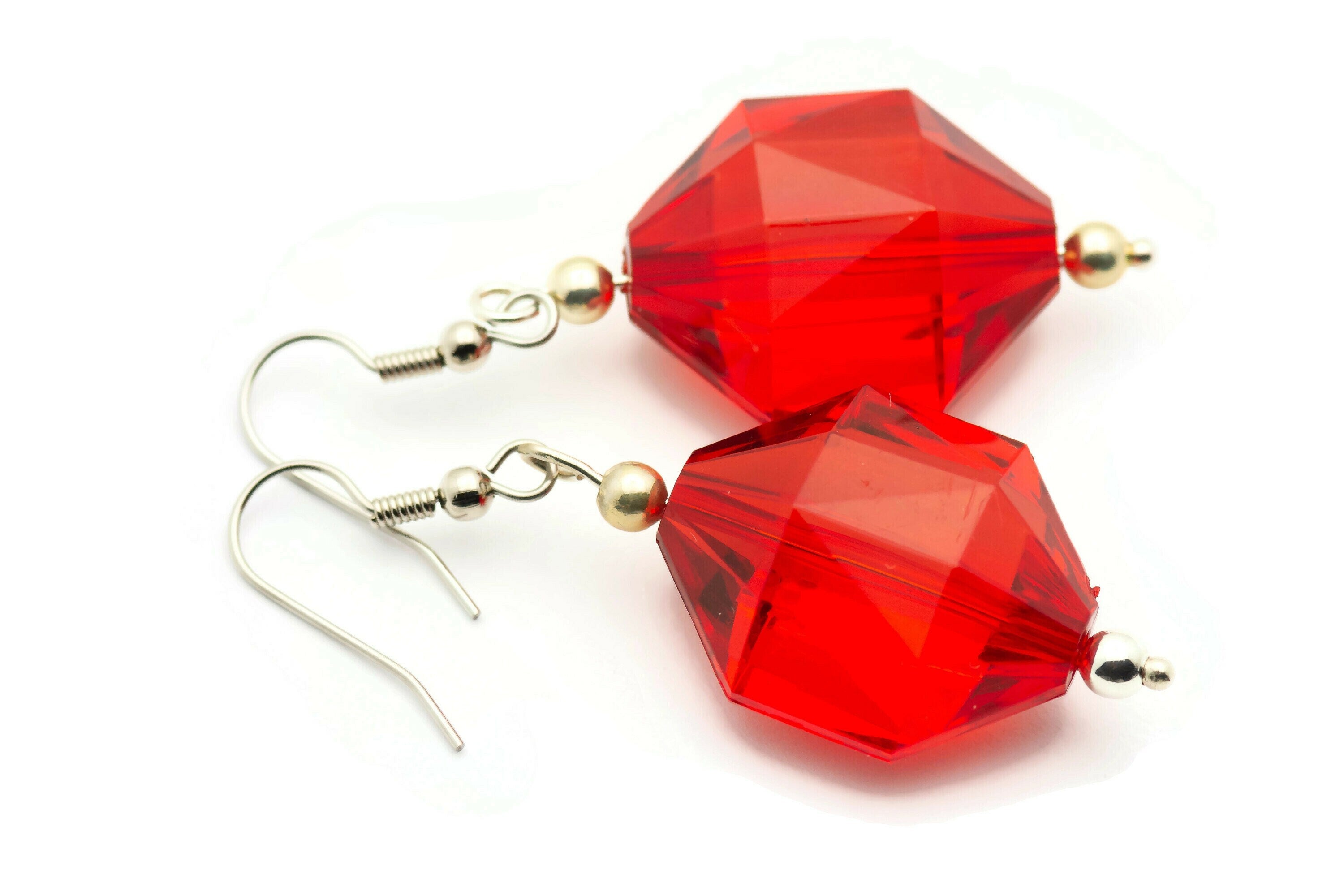 Red Glass Earrings, Crystal Chunk, Faceted Glass, Surgical Steel, Holiday Earrings, Christmas Earrings, Merry and Bright