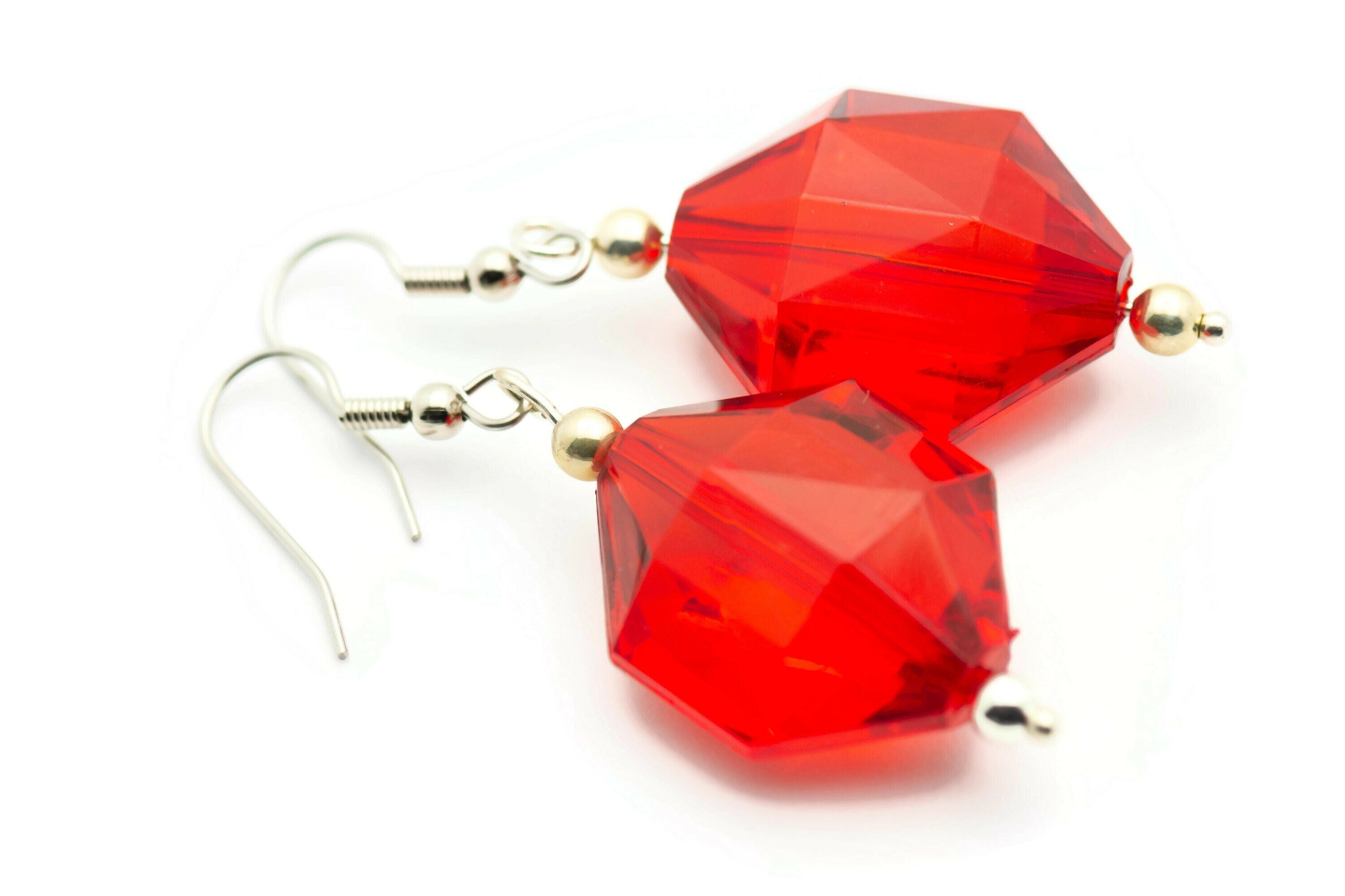 Red Glass Earrings, Crystal Chunk, Faceted Glass, Surgical Steel, Holiday Earrings, Christmas Earrings, Merry and Bright