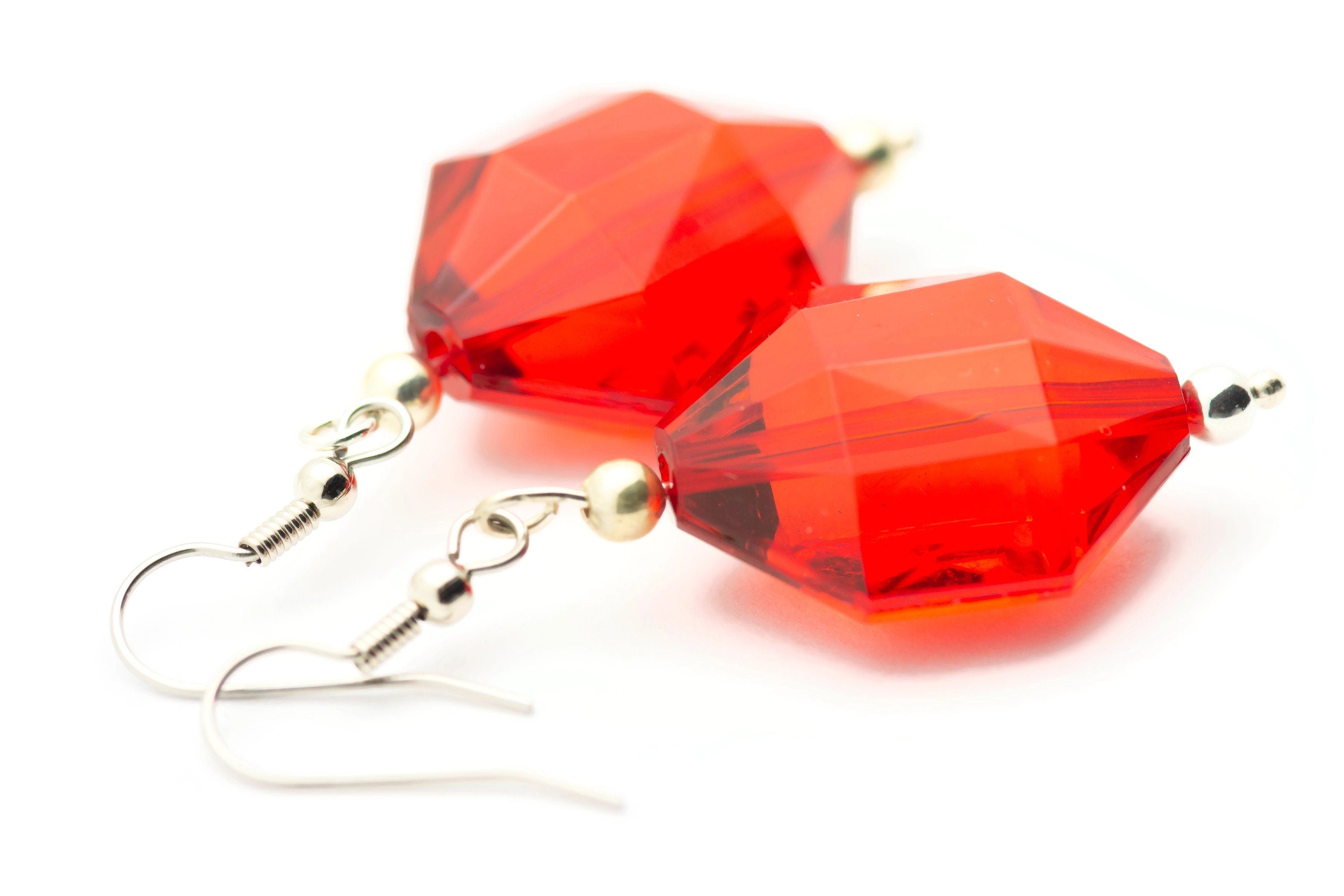 Red Glass Earrings, Crystal Chunk, Faceted Glass, Surgical Steel, Holiday Earrings, Christmas Earrings, Merry and Bright