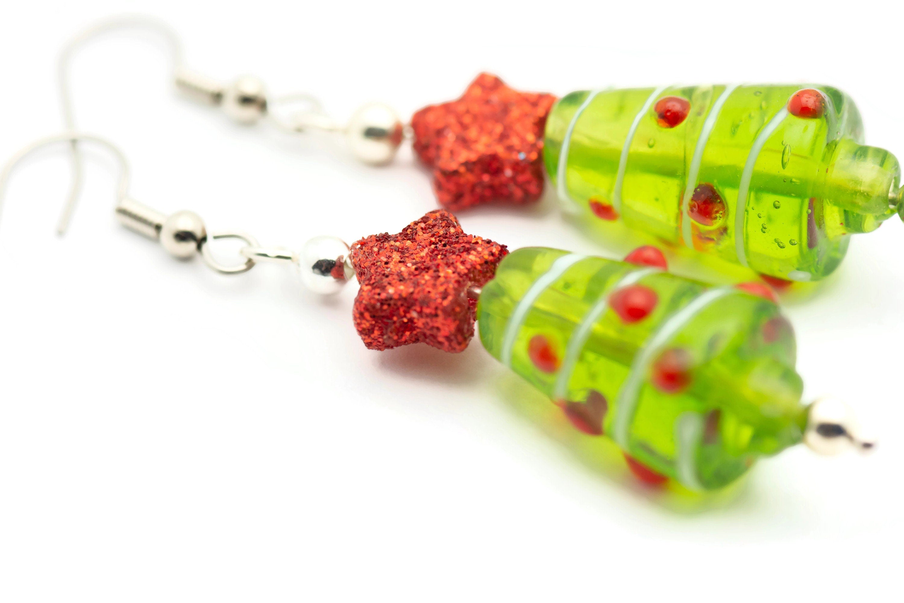 Red Star, Christmas Tree, Glass Earrings, Surgical Steel, Holiday Earrings, Christmas Earrings, Glitter Star